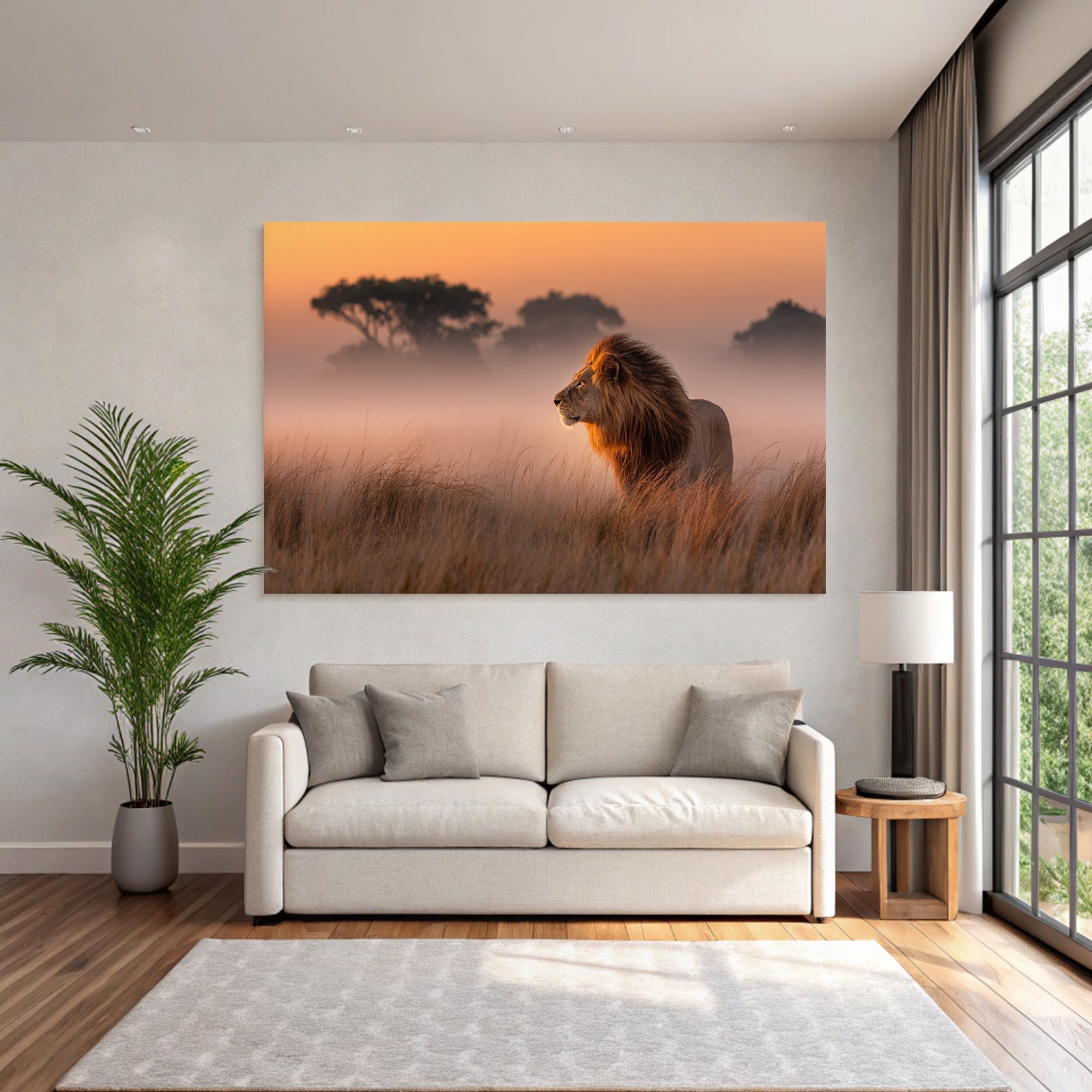 Lion Im Profil Im Feld Bei Sonnenaufgang Oder Sonnenuntergang