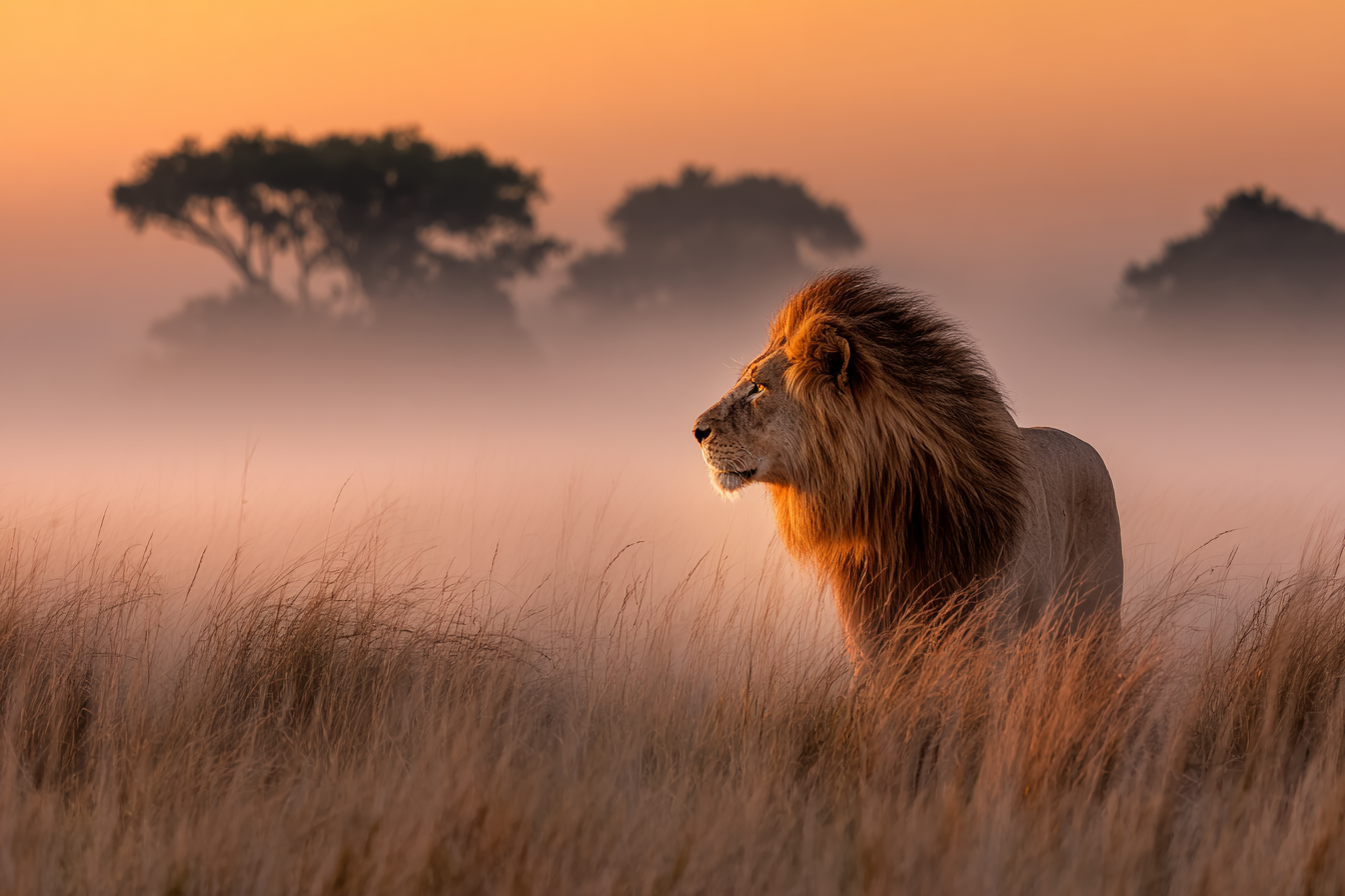 Lion Im Profil Im Feld Bei Sonnenaufgang Oder Sonnenuntergang | Safari und Wildtiere | Tiere