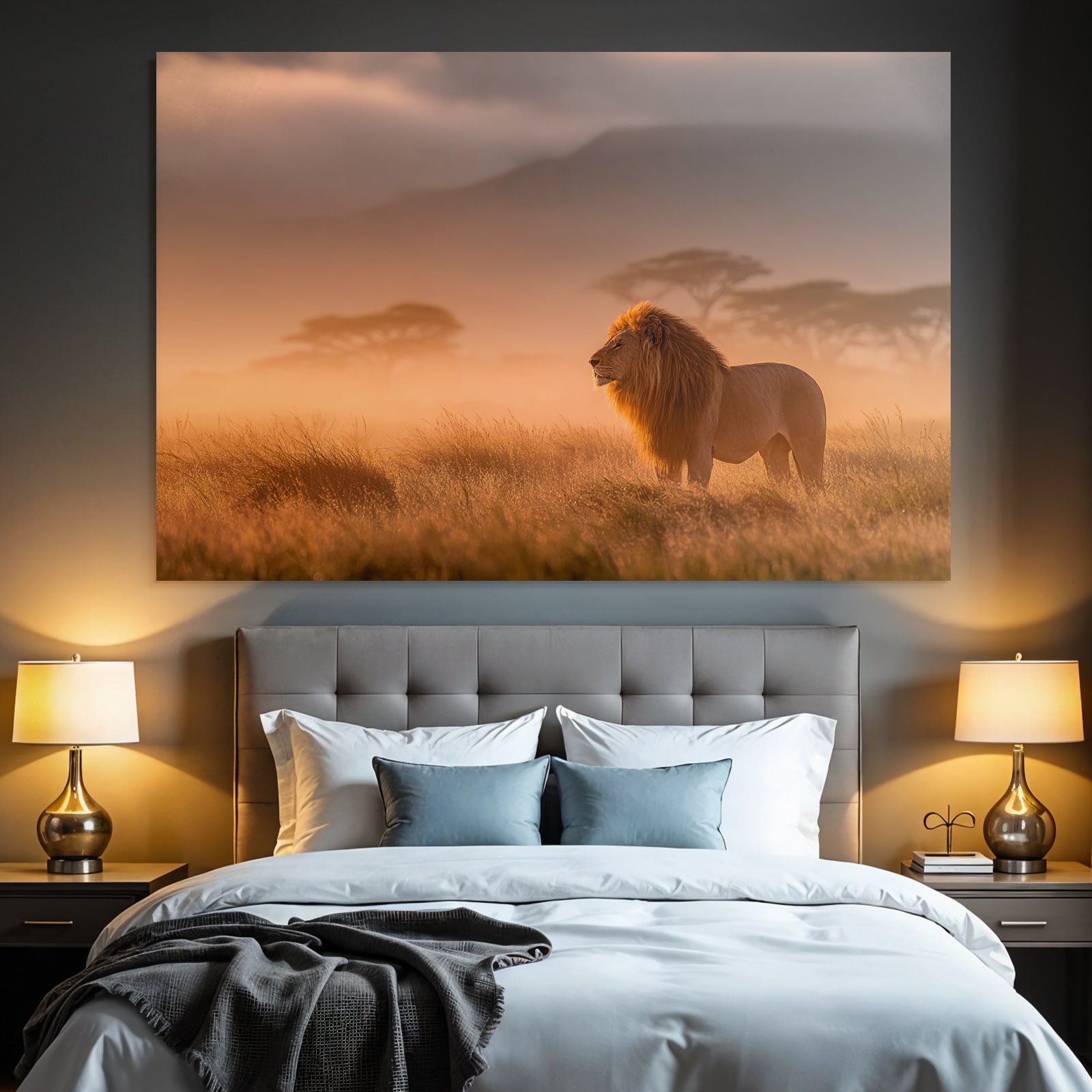 Lion In Einer Ruhigen Misty Landscape Bei Sonnenaufgang Oder Sunset