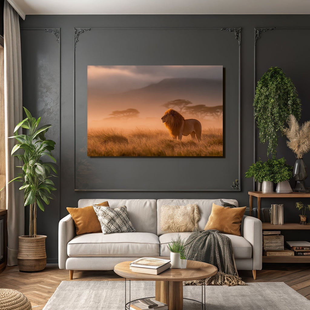 Lion In Einer Ruhigen Misty Landscape Bei Sonnenaufgang Oder Sunset
