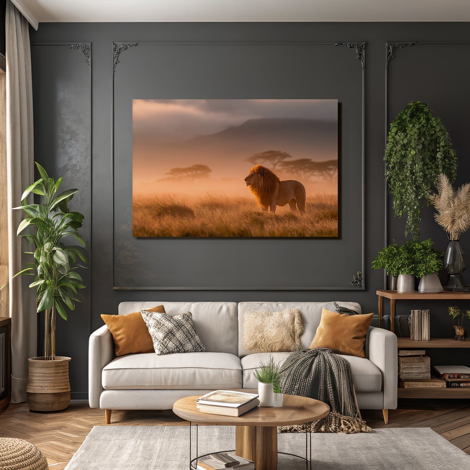 Lion In Einer Ruhigen Misty Landscape Bei Sonnenaufgang Oder Sunset