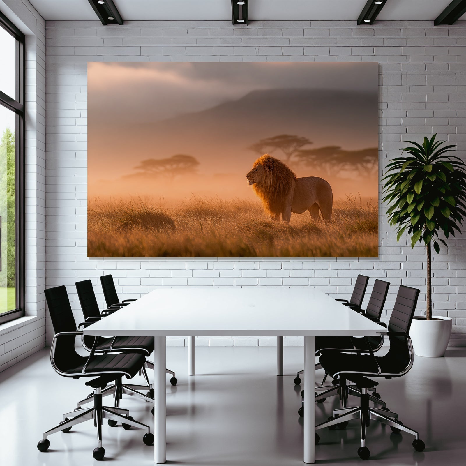 Lion In Einer Ruhigen Misty Landscape Bei Sonnenaufgang Oder Sunset