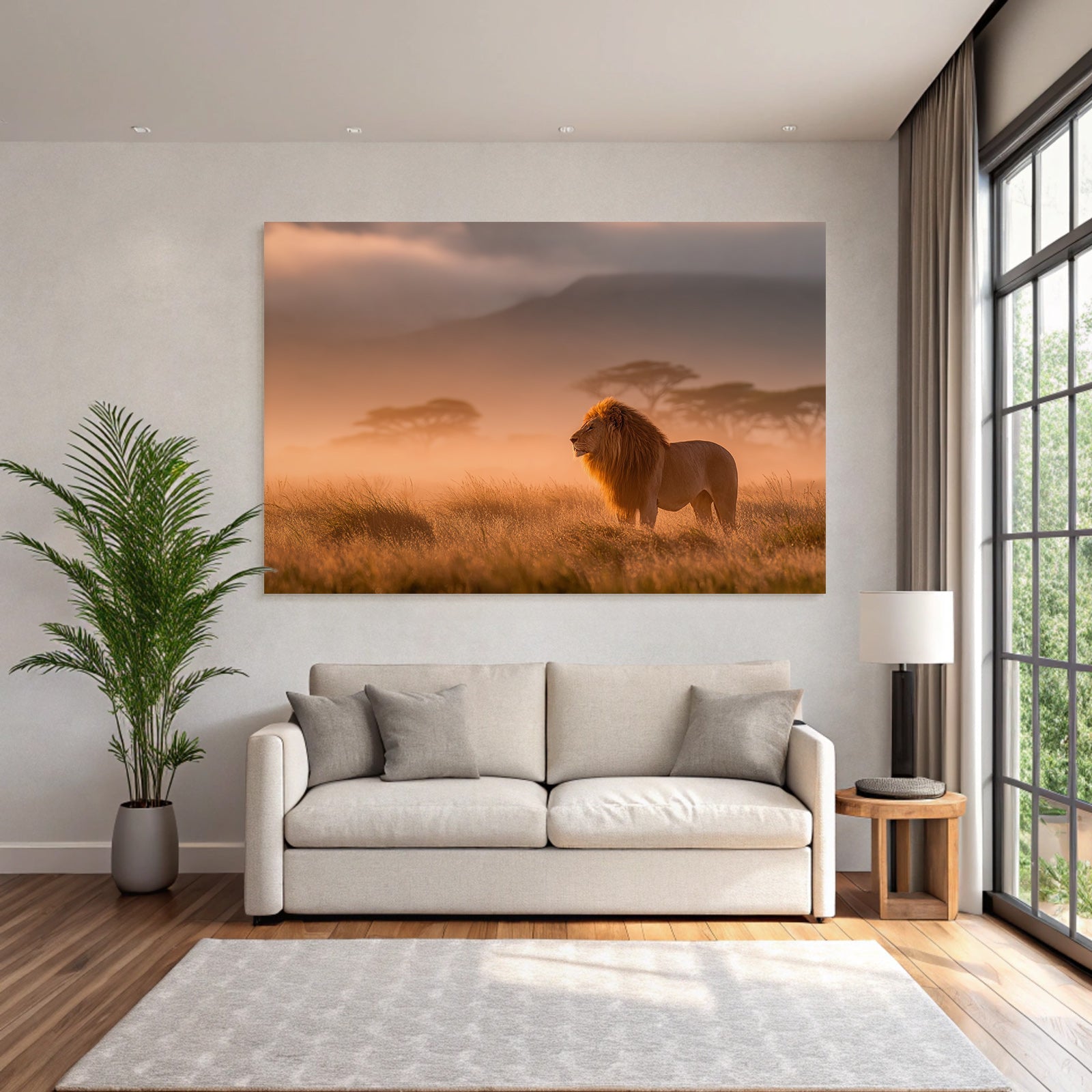 Lion In Einer Ruhigen Misty Landscape Bei Sonnenaufgang Oder Sunset