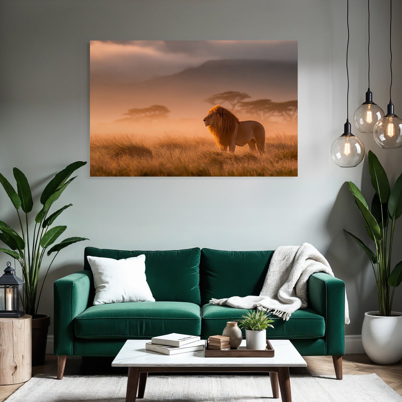 Lion In Einer Ruhigen Misty Landscape Bei Sonnenaufgang Oder Sunset