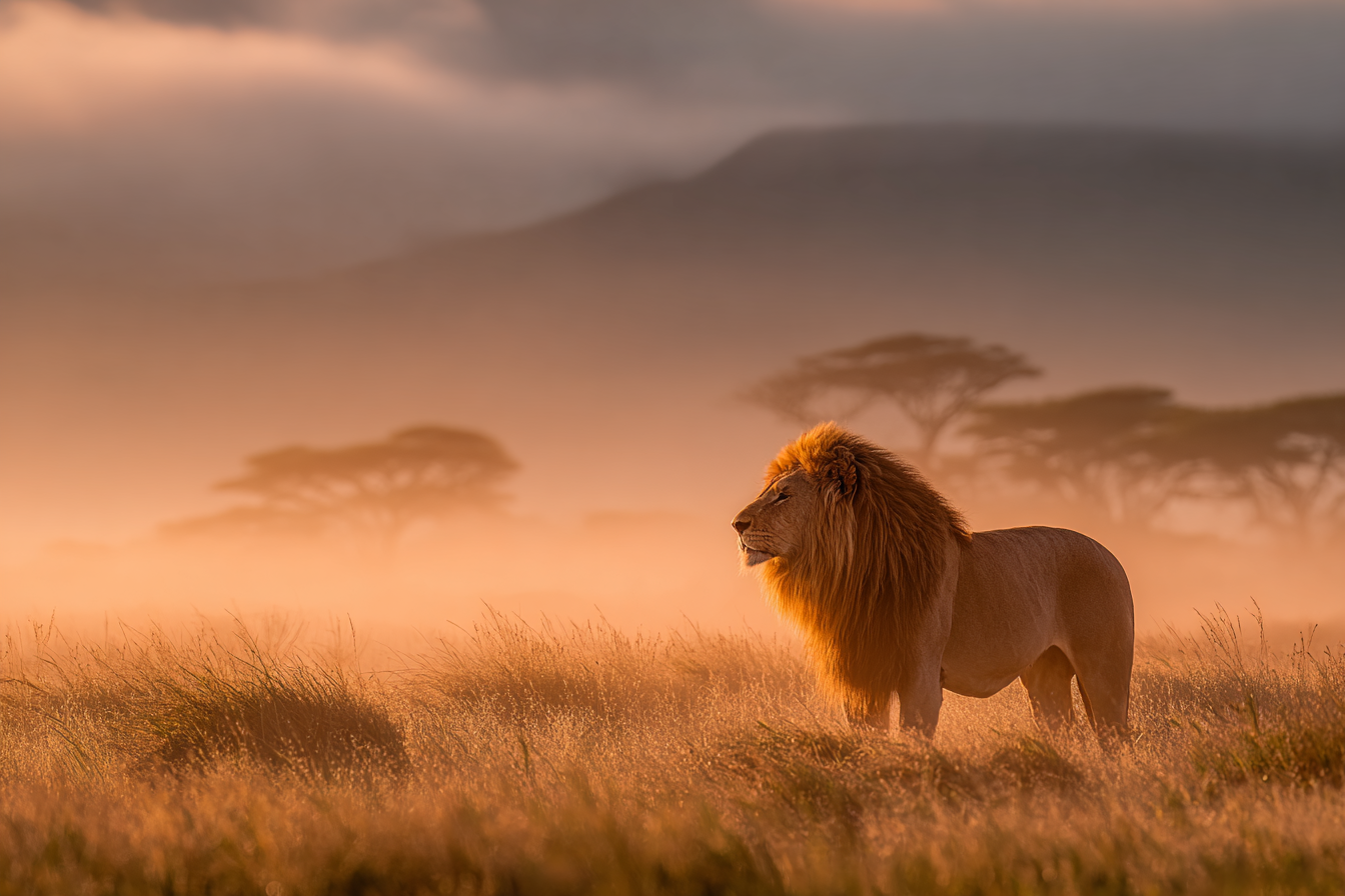Lion In Einer Ruhigen Misty Landscape Bei Sonnenaufgang Oder Sunset | Safari und Wildtiere | Tiere