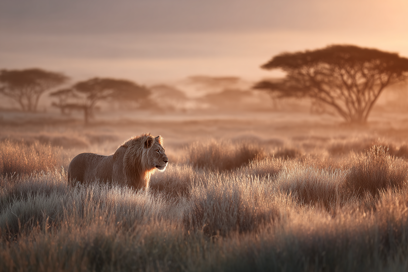Lion In Grassy Area Sunrise Sunset Tranquil Wildlife | Safari und Wildtiere | Tiere
