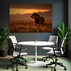 Lion In Grassy Landscape During Sunset