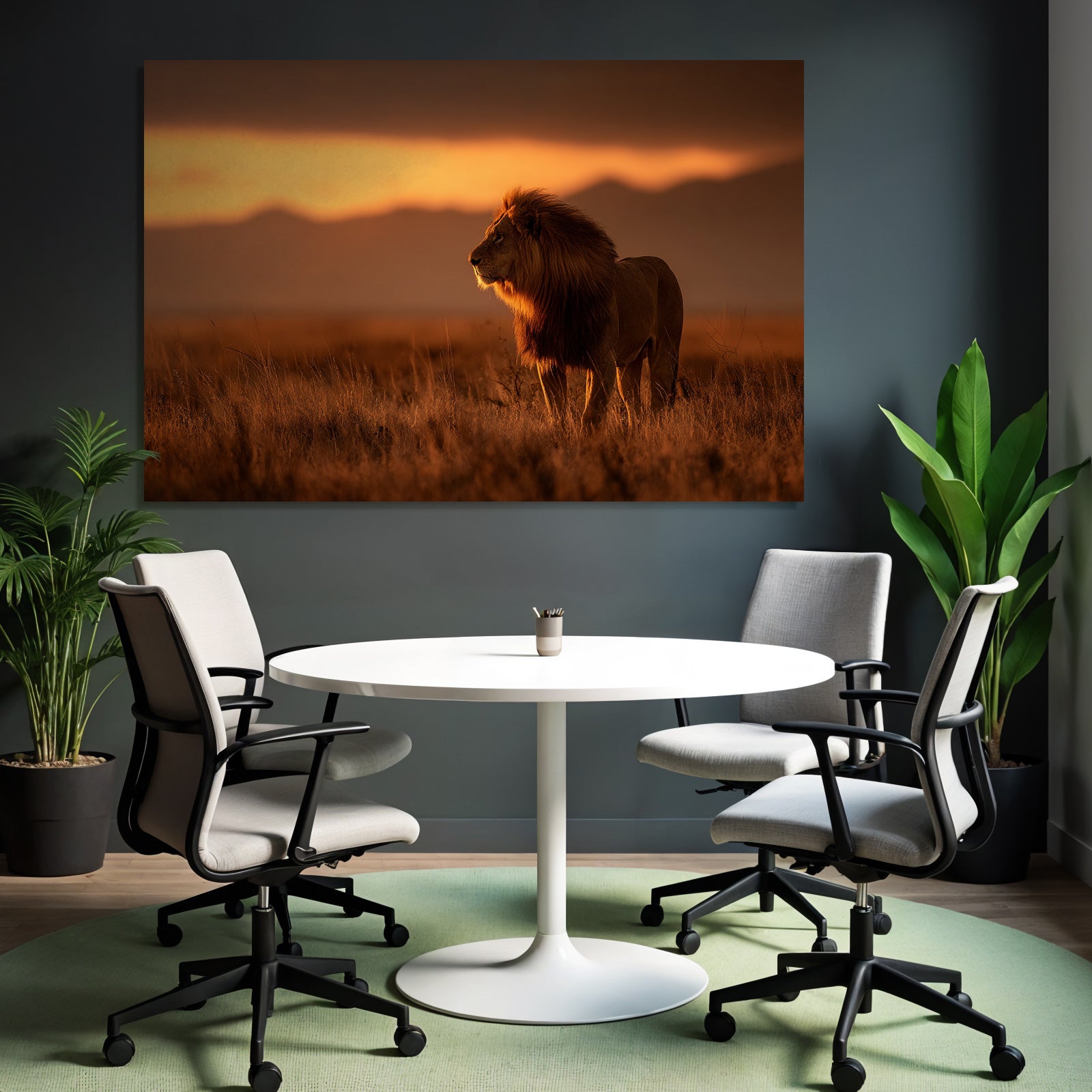 Lion In Grassy Landscape During Sunset
