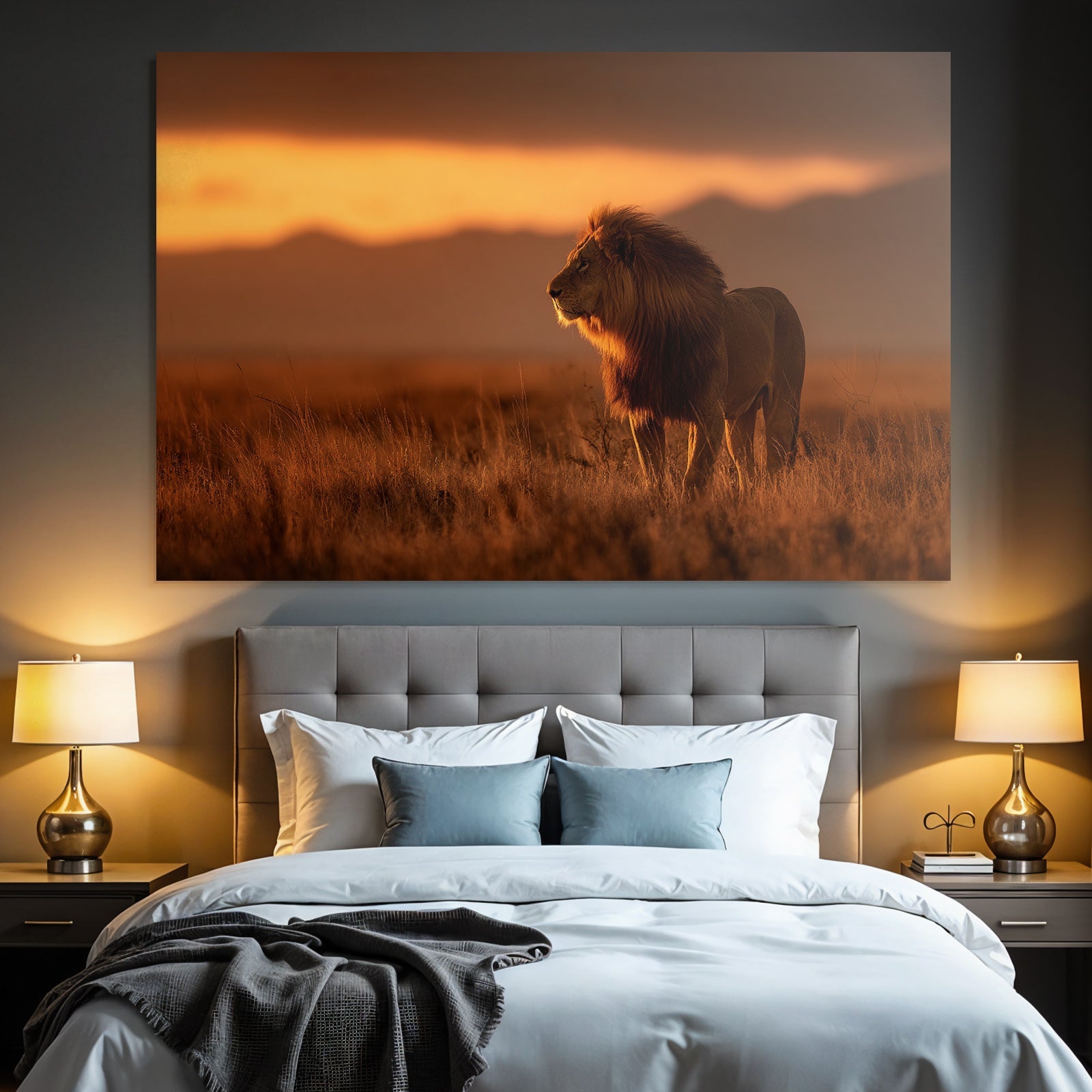 Lion In Grassy Landscape During Sunset