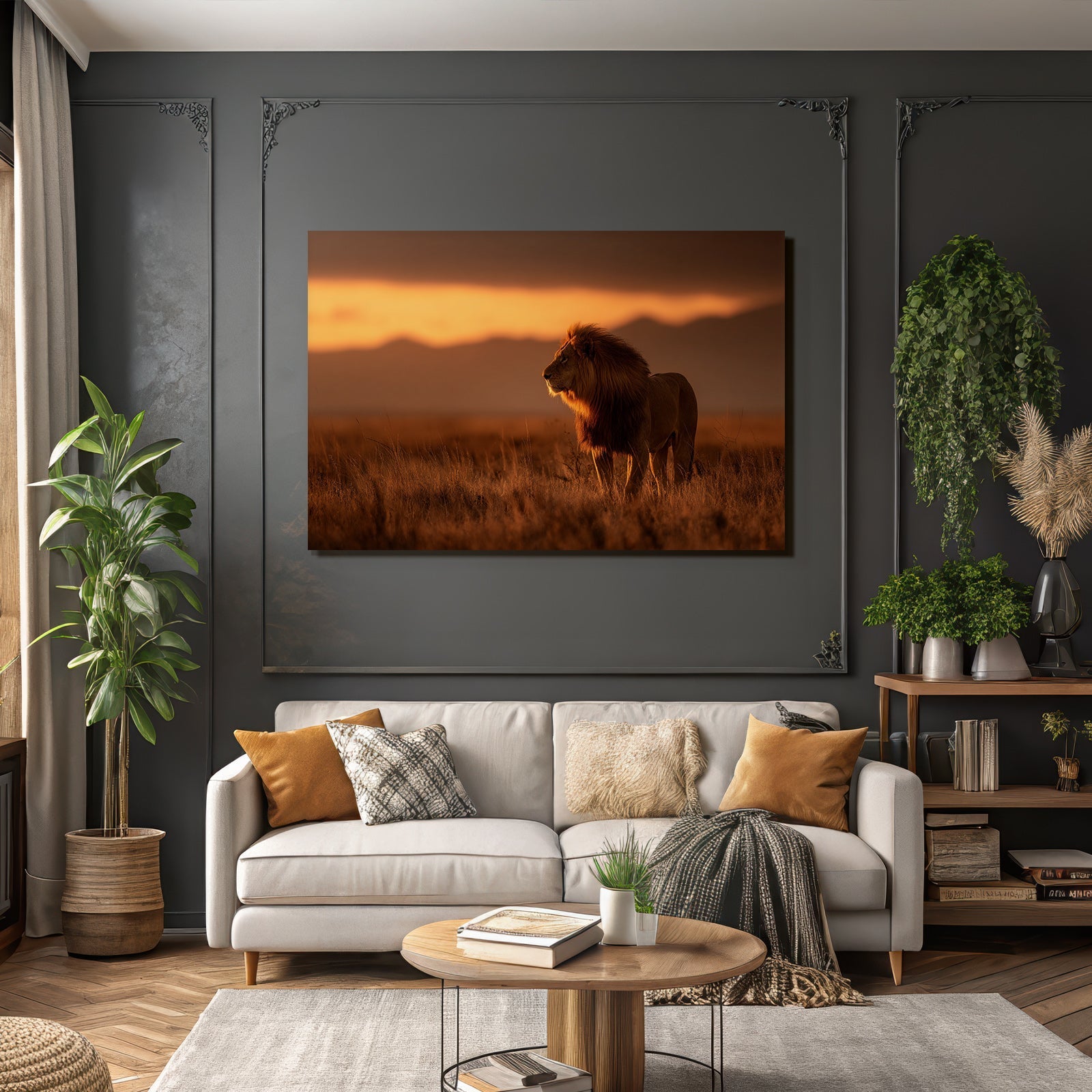 Lion In Grassy Landscape During Sunset
