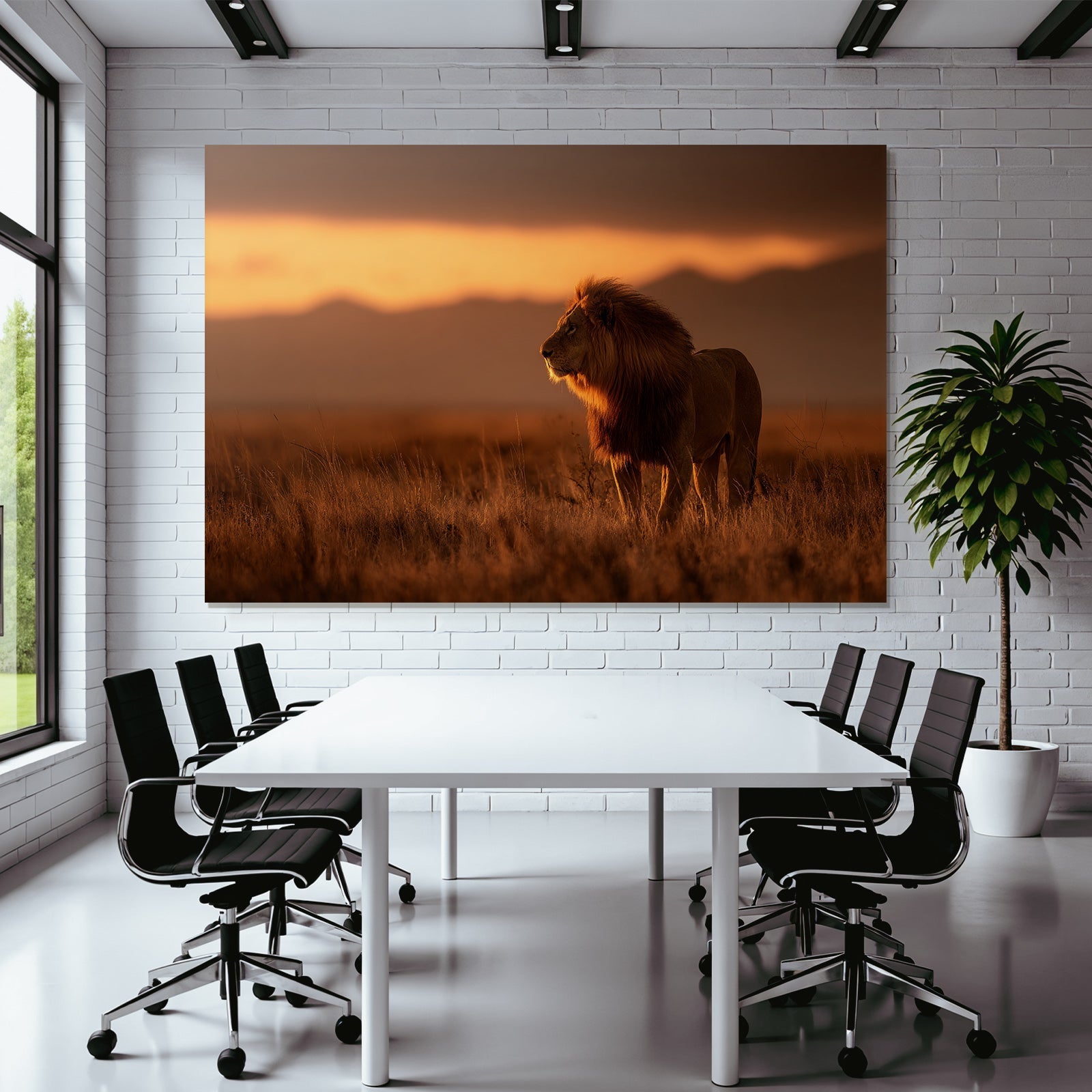 Lion In Grassy Landscape During Sunset