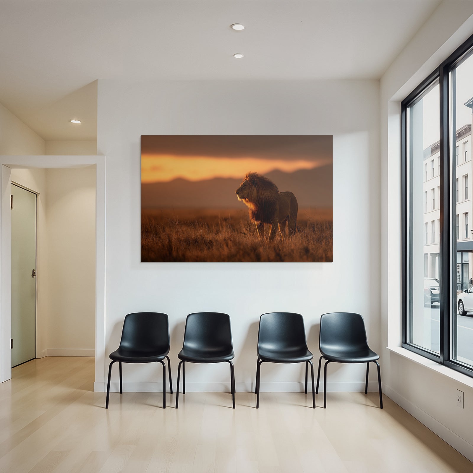 Lion In Grassy Landscape During Sunset