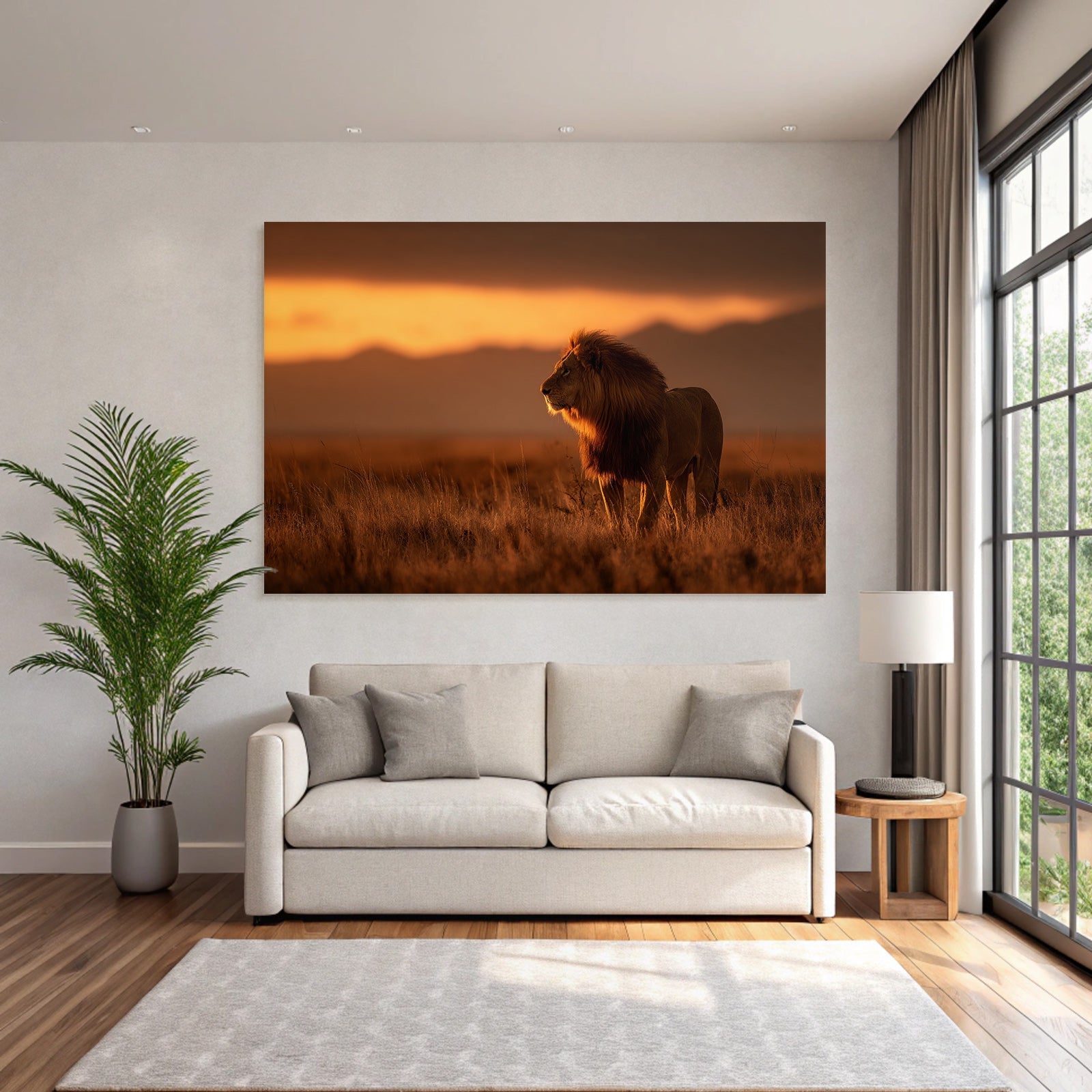 Lion In Grassy Landscape During Sunset
