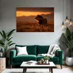 Lion In Grassy Landscape During Sunset