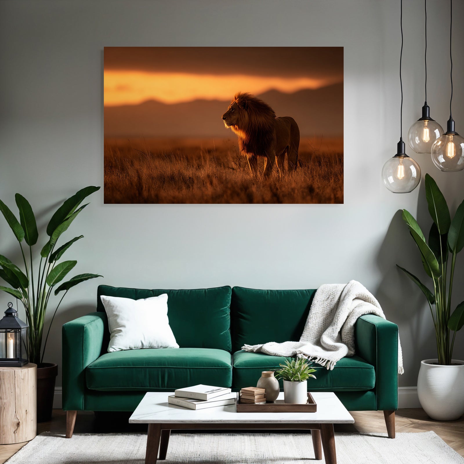 Lion In Grassy Landscape During Sunset