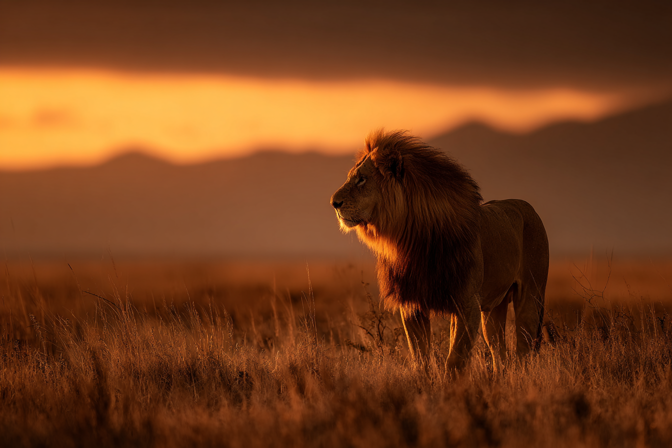 Lion In Grassy Landscape During Sunset | Safari und Wildtiere | Tiere
