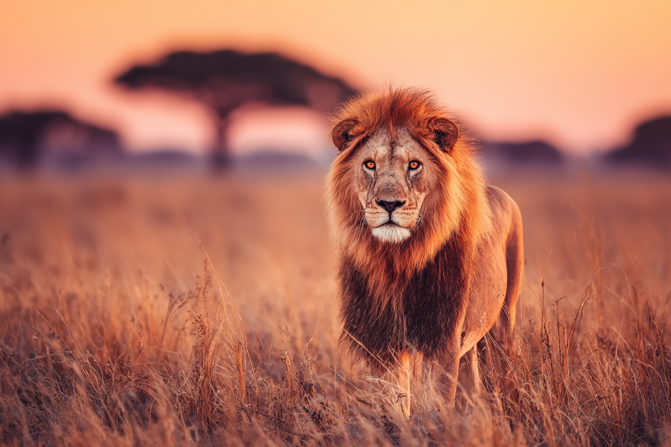 Lion In Grassy Landscape During Sunset Mit Baum Silhoütte | Safari und Wildtiere | Tiere