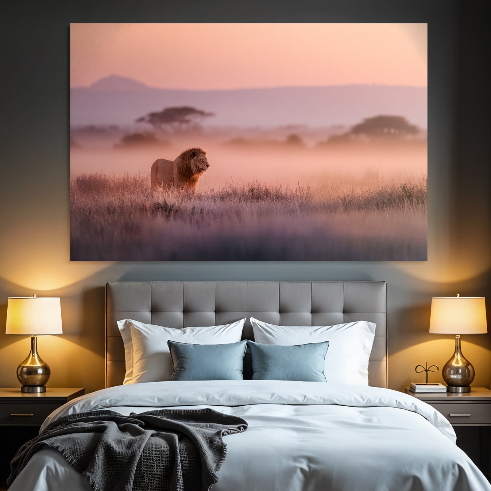 Lion In Misty Landscape At Sunset