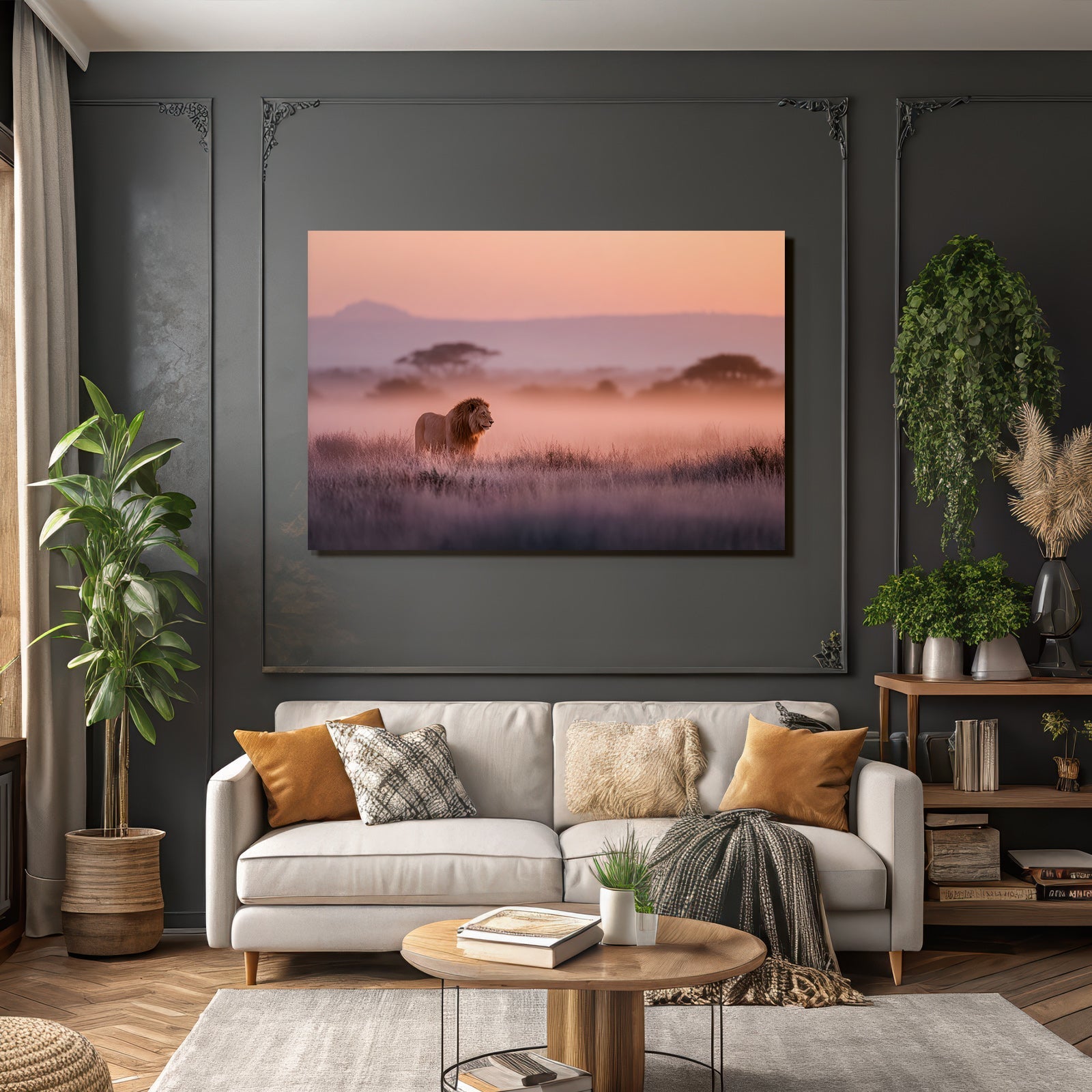 Lion In Misty Landscape At Sunset