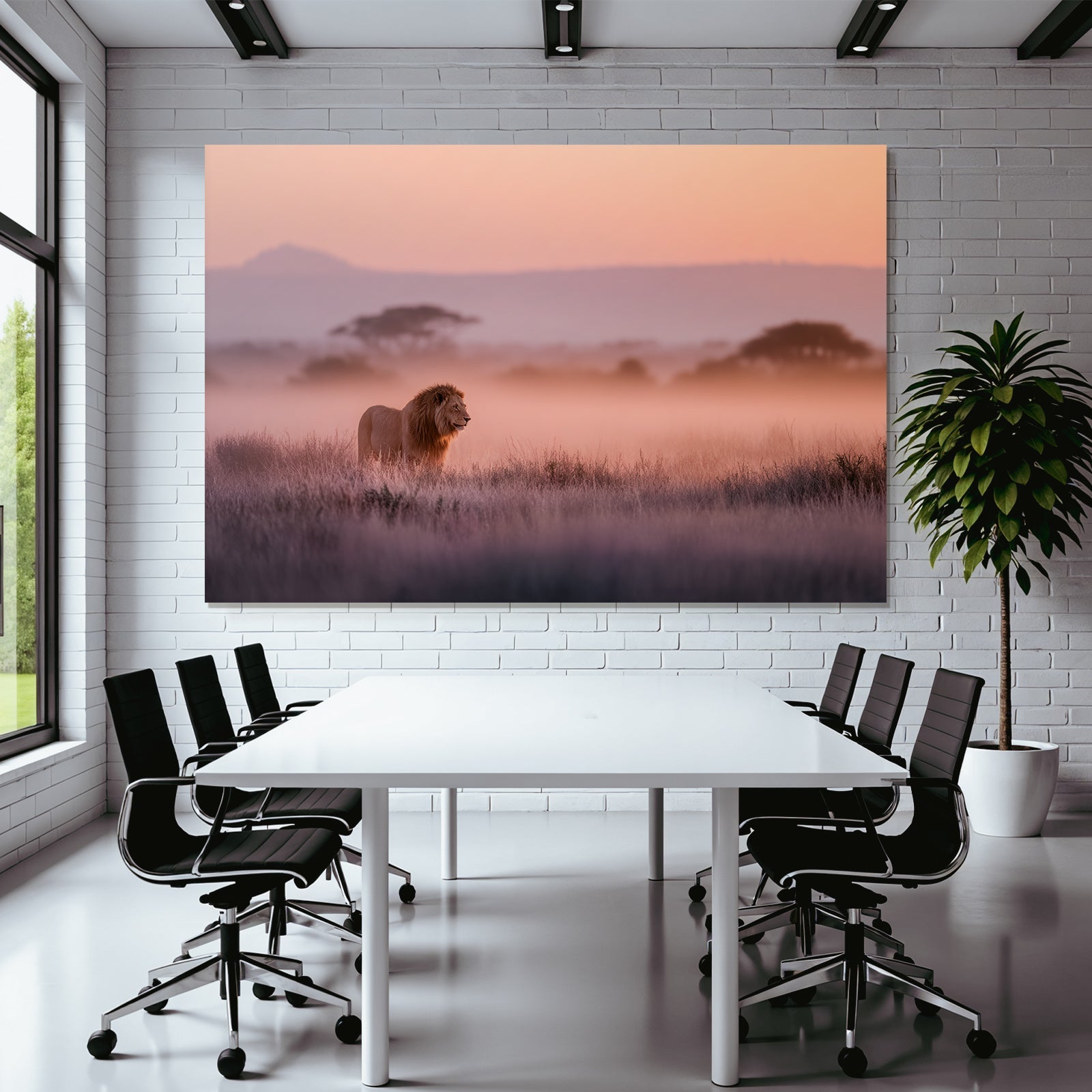 Lion In Misty Landscape At Sunset