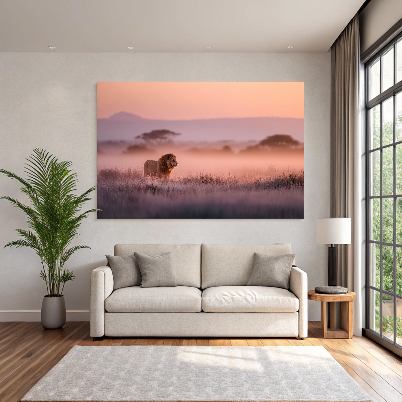 Lion In Misty Landscape At Sunset
