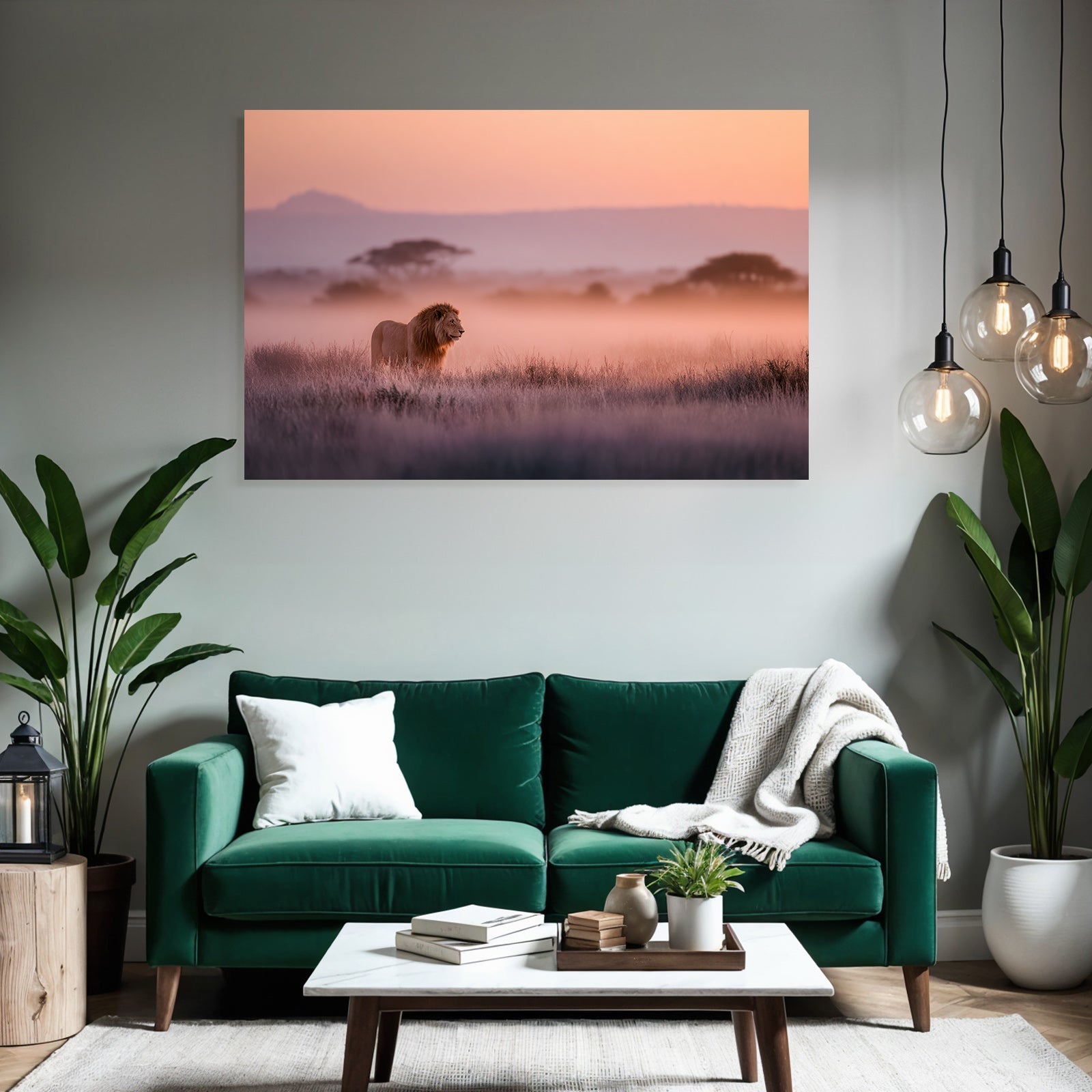 Lion In Misty Landscape At Sunset