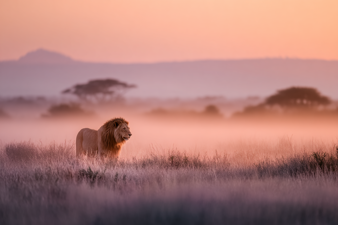 Lion In Misty Landscape At Sunset | Safari und Wildtiere | Tiere