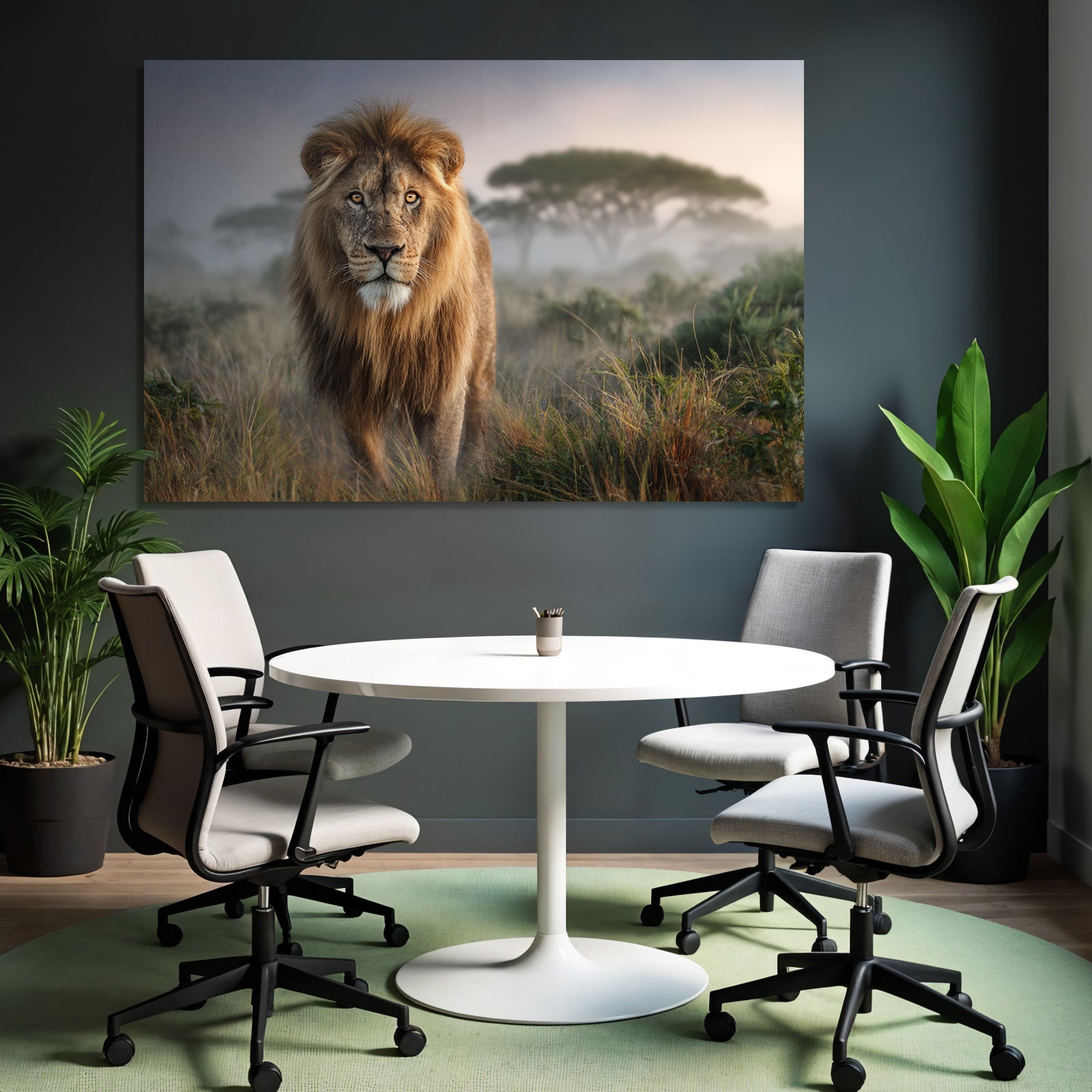 Lion In Natur Setting Mit Hohem Gras Und Nebel Hintergrund