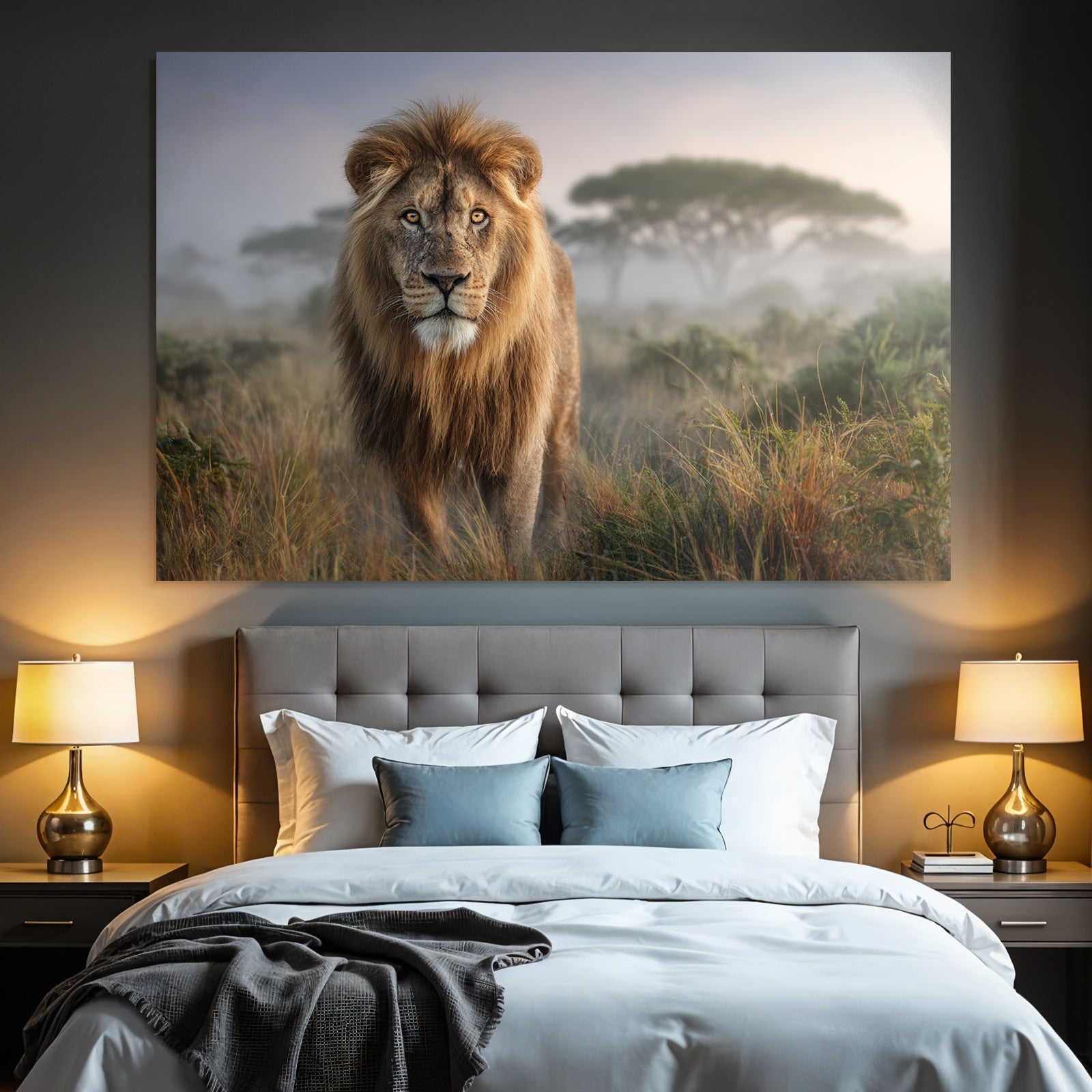 Lion In Natur Setting Mit Hohem Gras Und Nebel Hintergrund