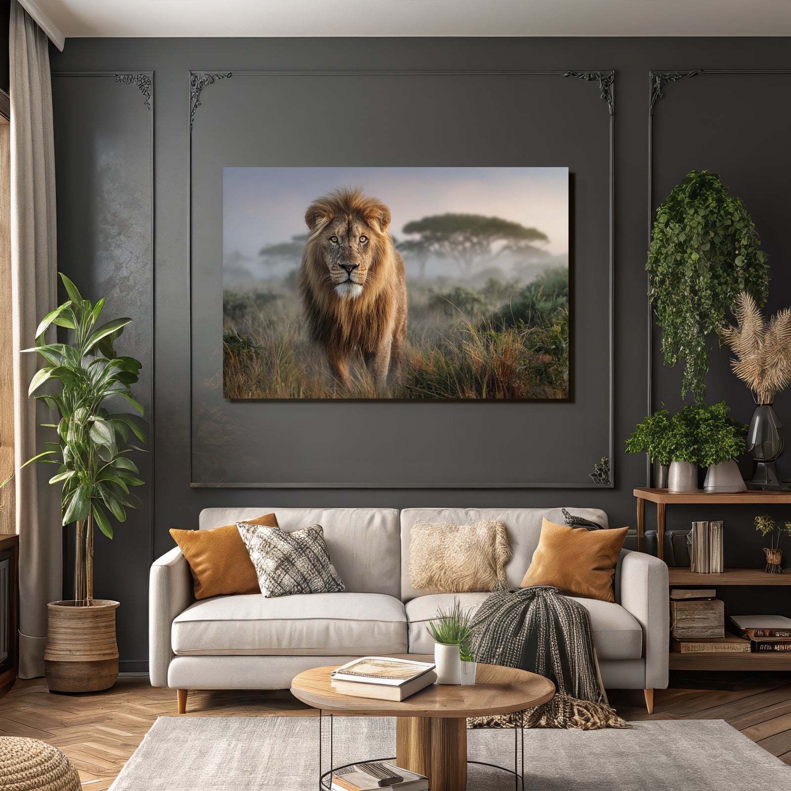 Lion In Natur Setting Mit Hohem Gras Und Nebel Hintergrund