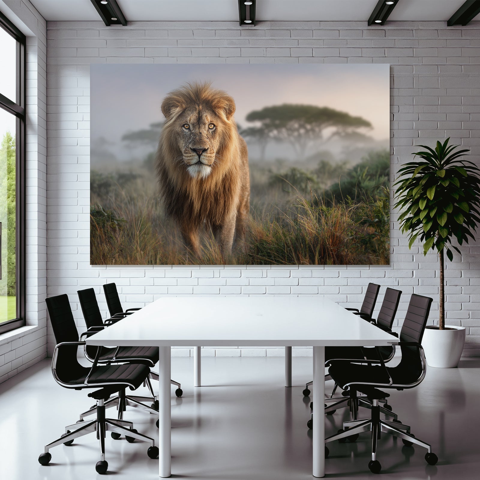 Lion In Natur Setting Mit Hohem Gras Und Nebel Hintergrund