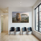 Lion In Natur Setting Mit Hohem Gras Und Nebel Hintergrund