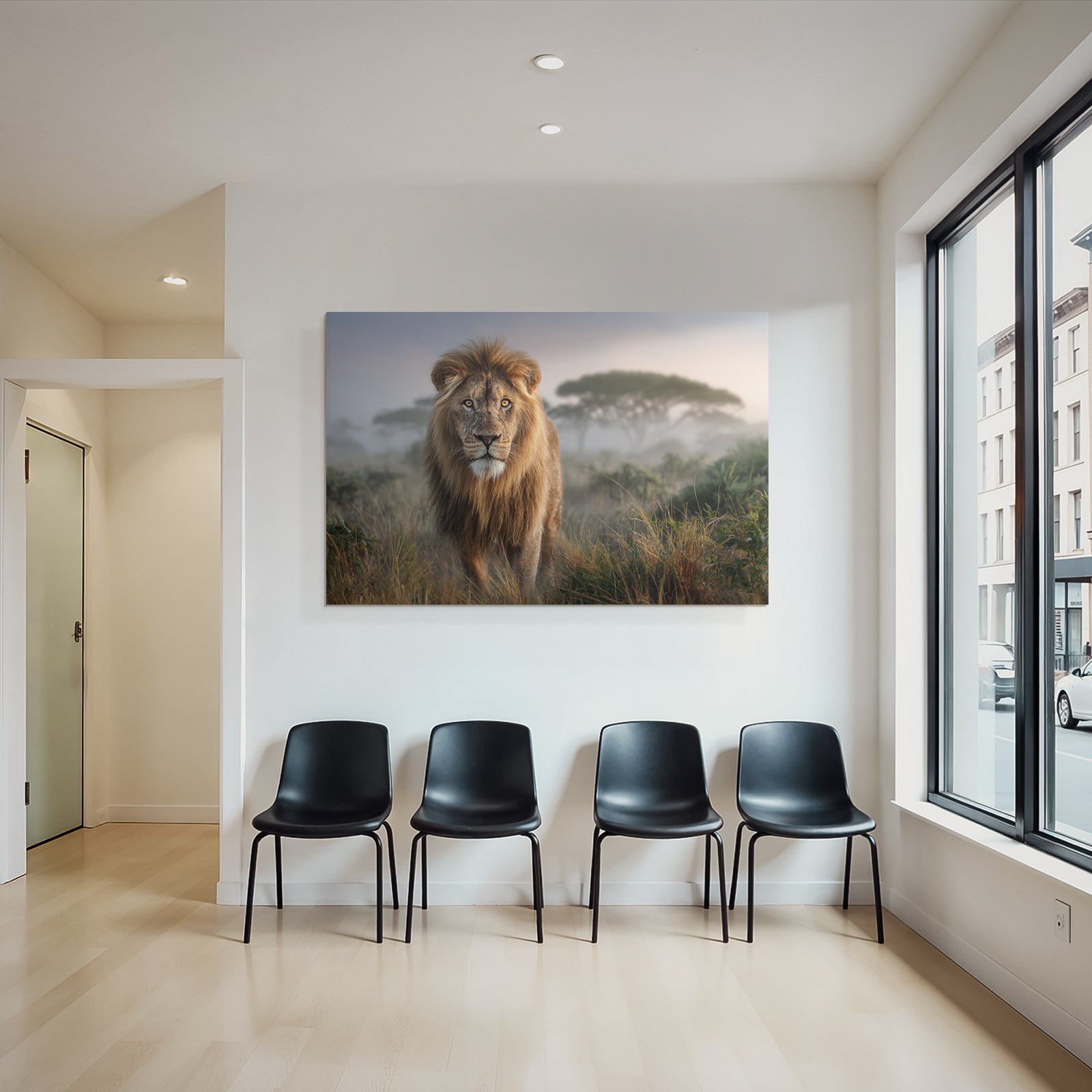 Lion In Natur Setting Mit Hohem Gras Und Nebel Hintergrund