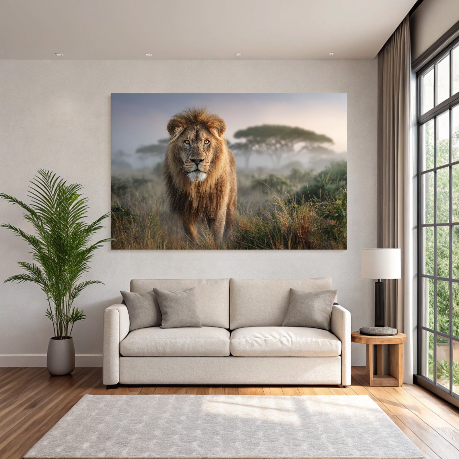 Lion In Natur Setting Mit Hohem Gras Und Nebel Hintergrund