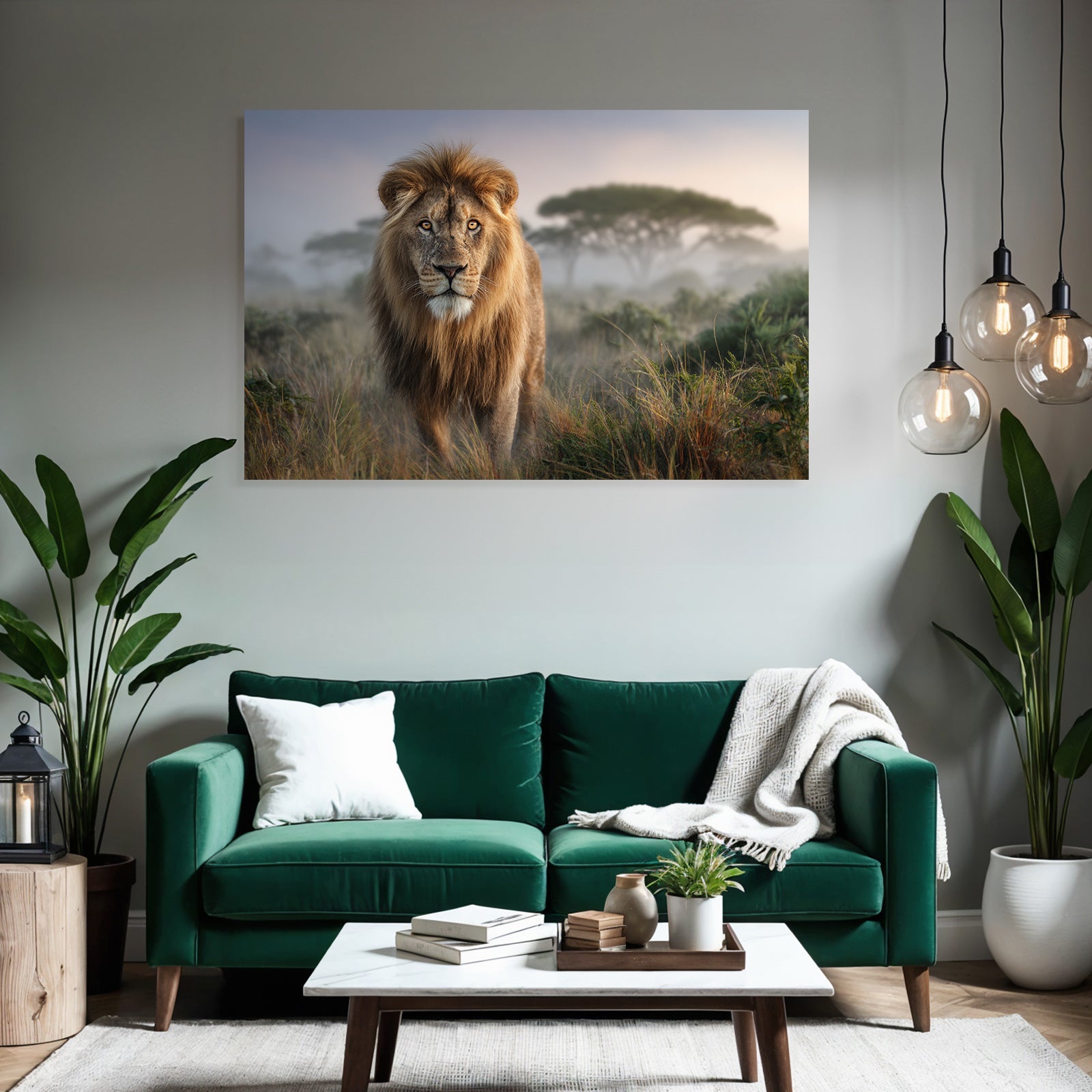 Lion In Natur Setting Mit Hohem Gras Und Nebel Hintergrund