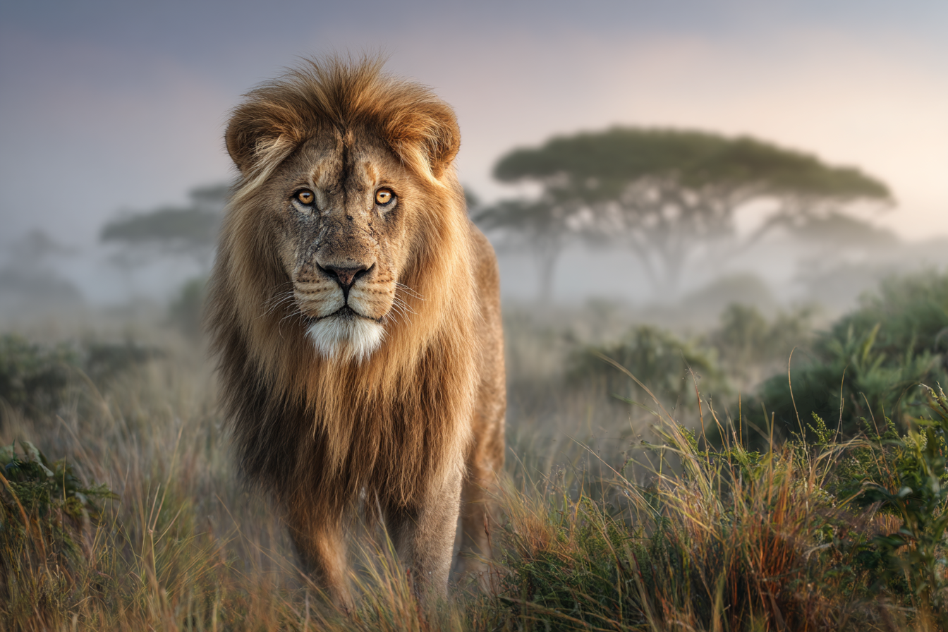 Lion In Natur Setting Mit Hohem Gras Und Nebel Hintergrund | Safari und Wildtiere | Tiere