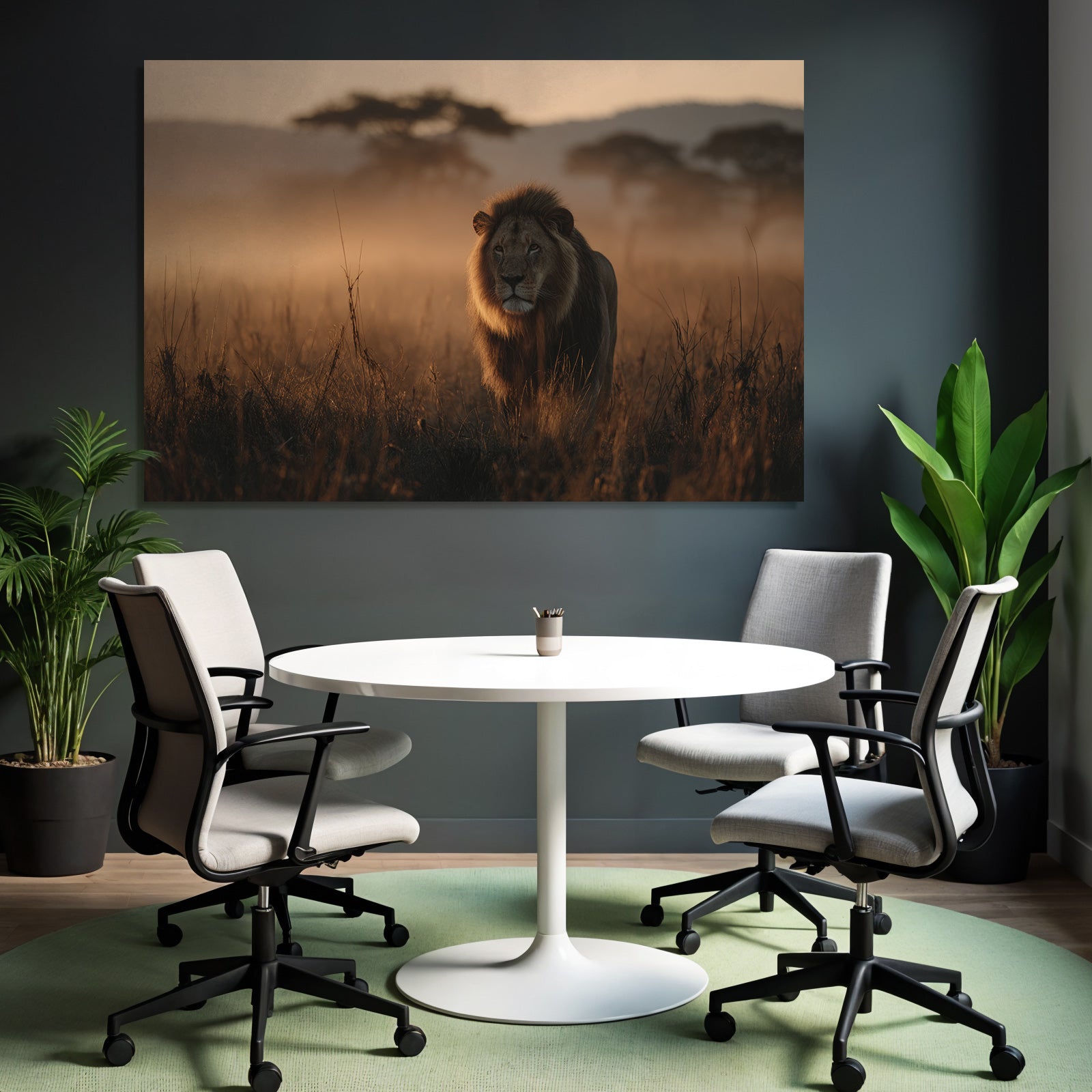 Lion In Nebliger Goldener Landschaft Bei Sonnenaufgang Oder Sonnenuntergang