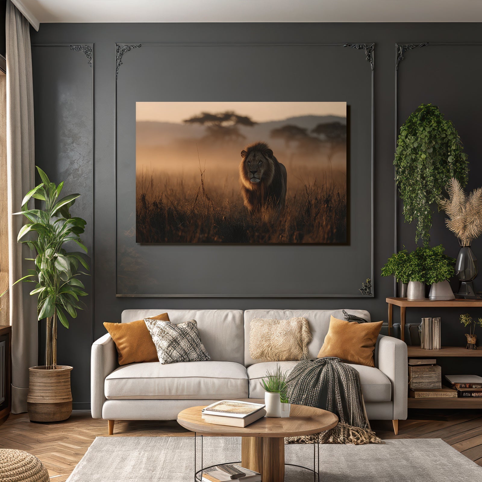 Lion In Nebliger Goldener Landschaft Bei Sonnenaufgang Oder Sonnenuntergang