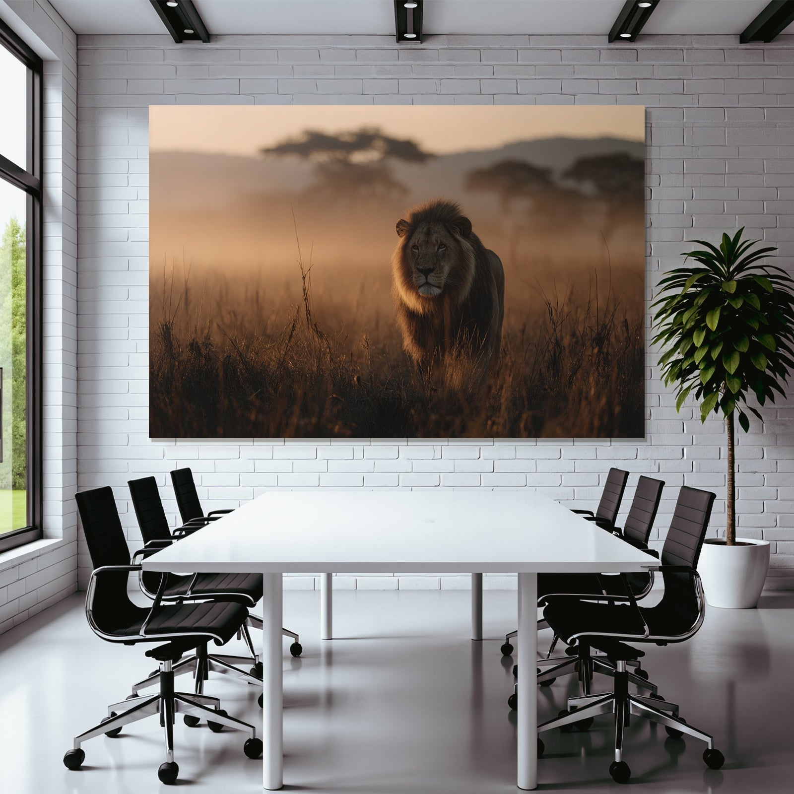 Lion In Nebliger Goldener Landschaft Bei Sonnenaufgang Oder Sonnenuntergang
