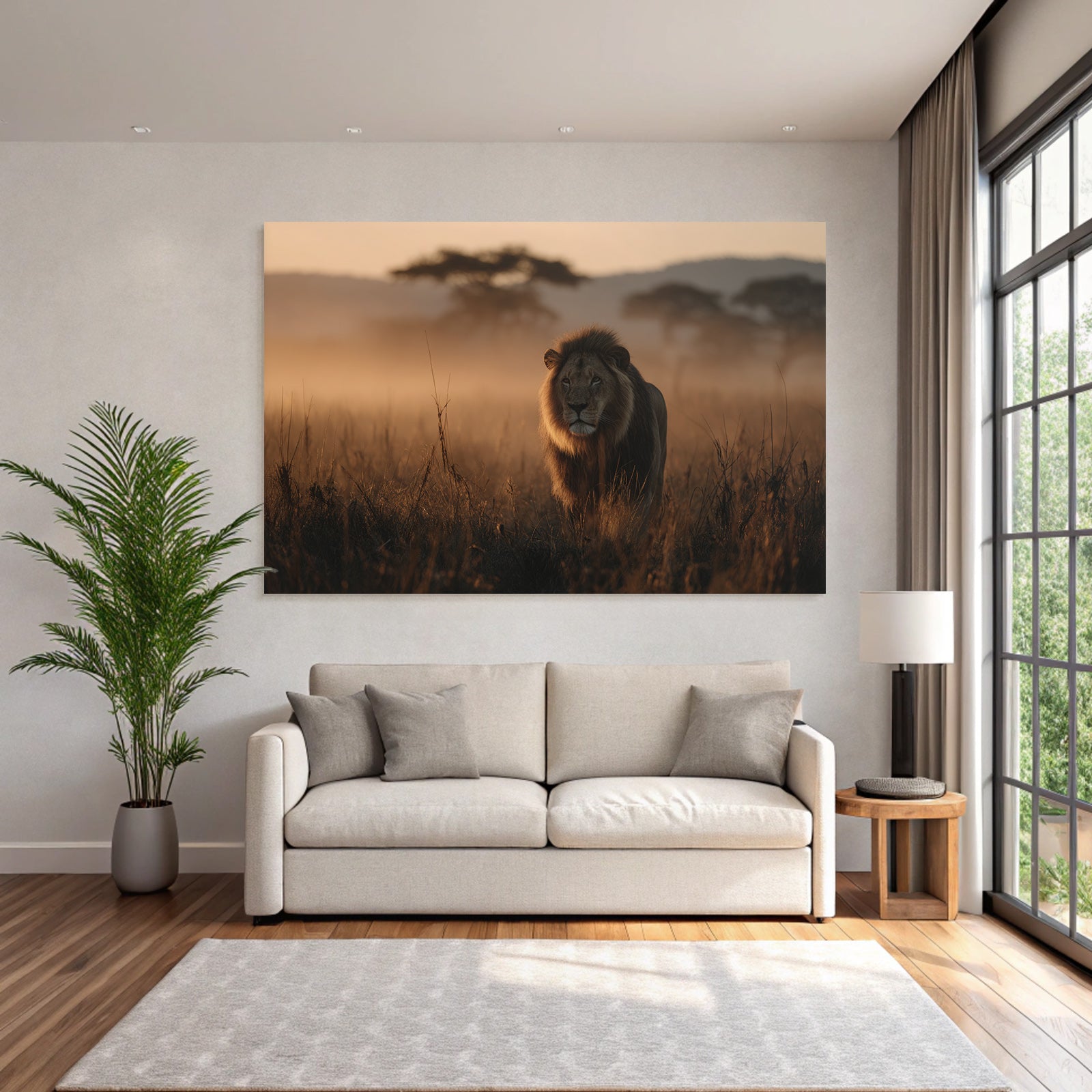 Lion In Nebliger Goldener Landschaft Bei Sonnenaufgang Oder Sonnenuntergang