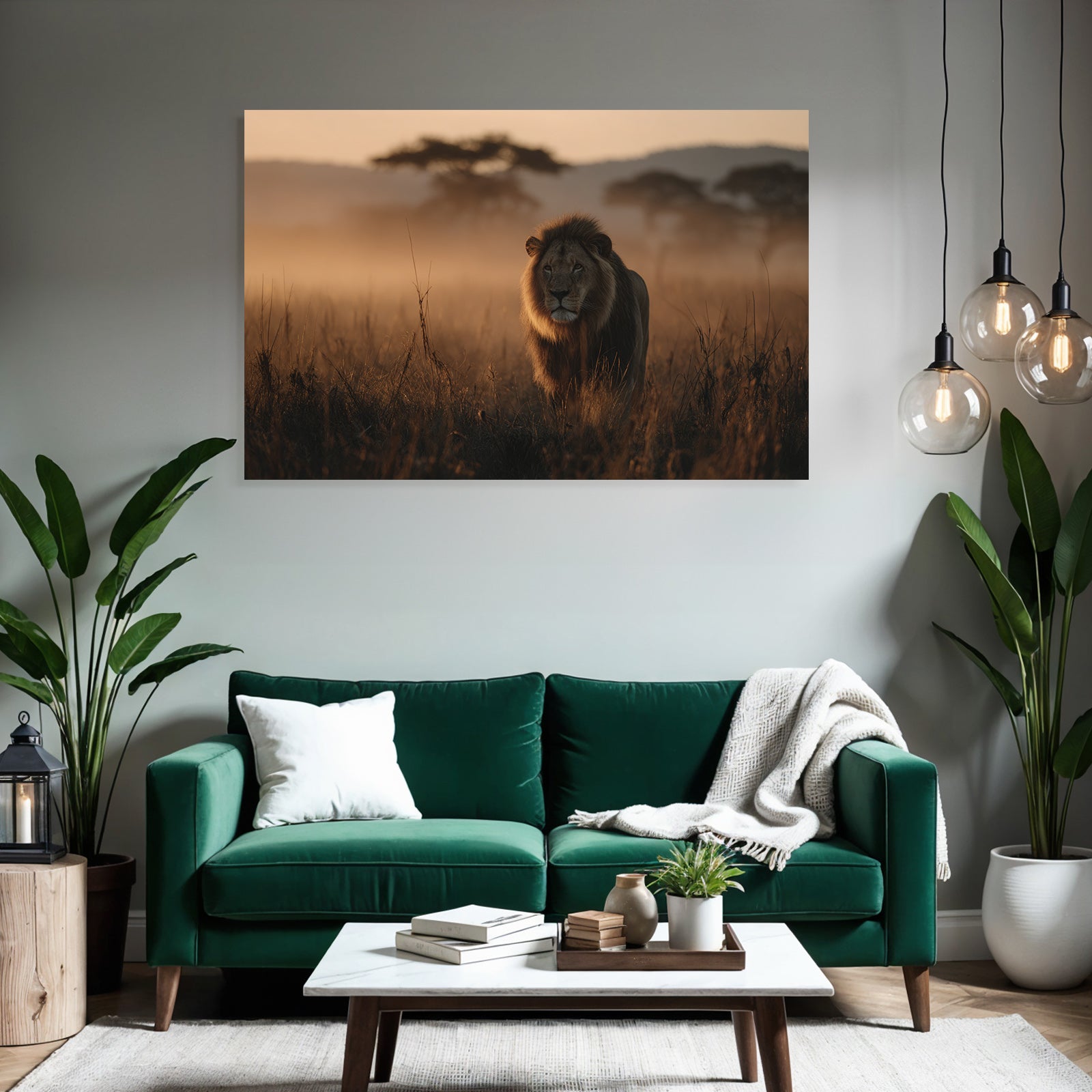 Lion In Nebliger Goldener Landschaft Bei Sonnenaufgang Oder Sonnenuntergang