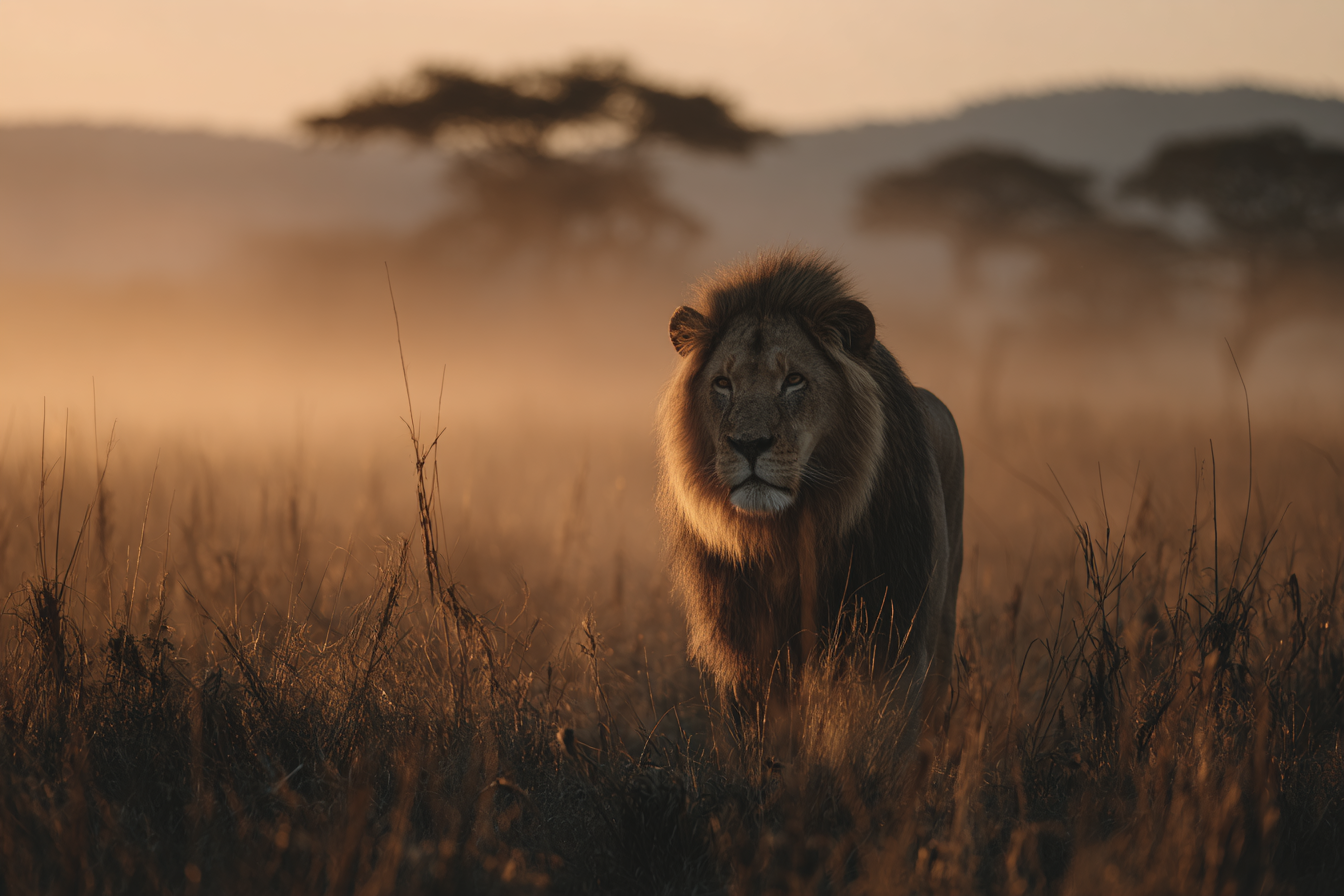 Lion In Nebliger Goldener Landschaft Bei Sonnenaufgang Oder Sonnenuntergang | Safari und Wildtiere | Tiere