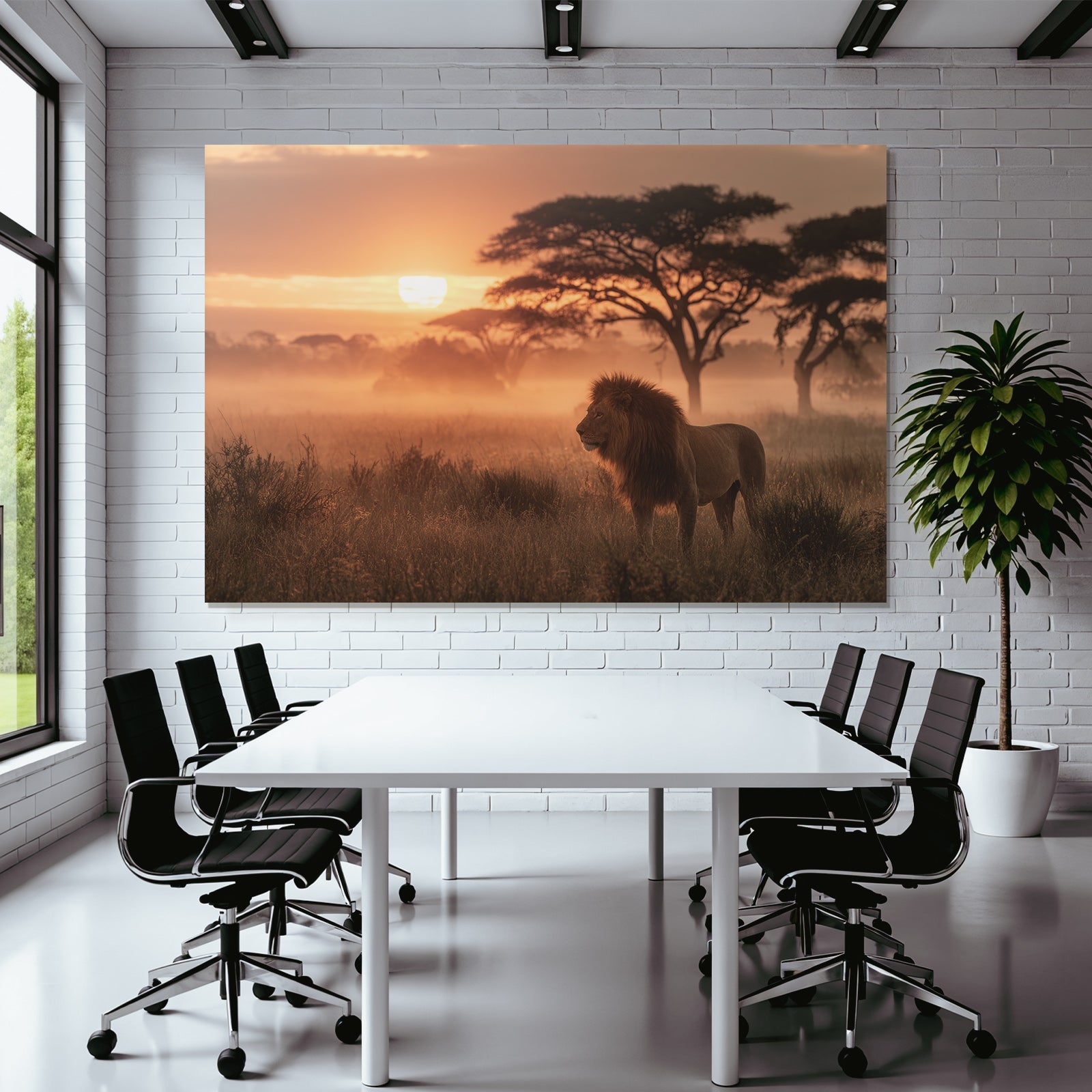 Löwe Im Feld Bei Sonnenaufgang Mit Nebel Hintergrund