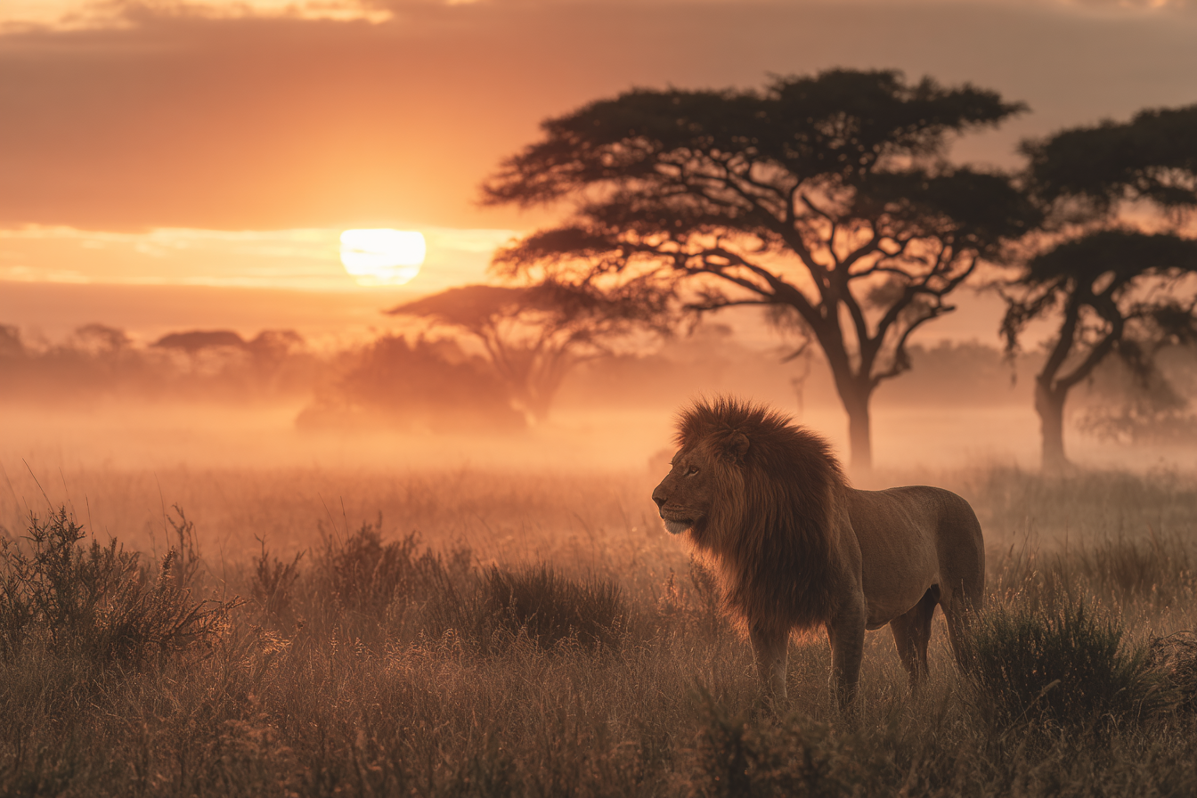 Löwe Im Feld Bei Sonnenaufgang Mit Nebel Hintergrund | Safari und Wildtiere | Tiere
