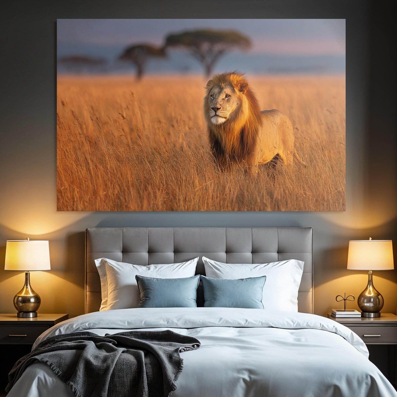 Löwe Im Savannenlandscape In Goldenen Gras Zum Sonnenaufgang Oder Sonnenuntergang