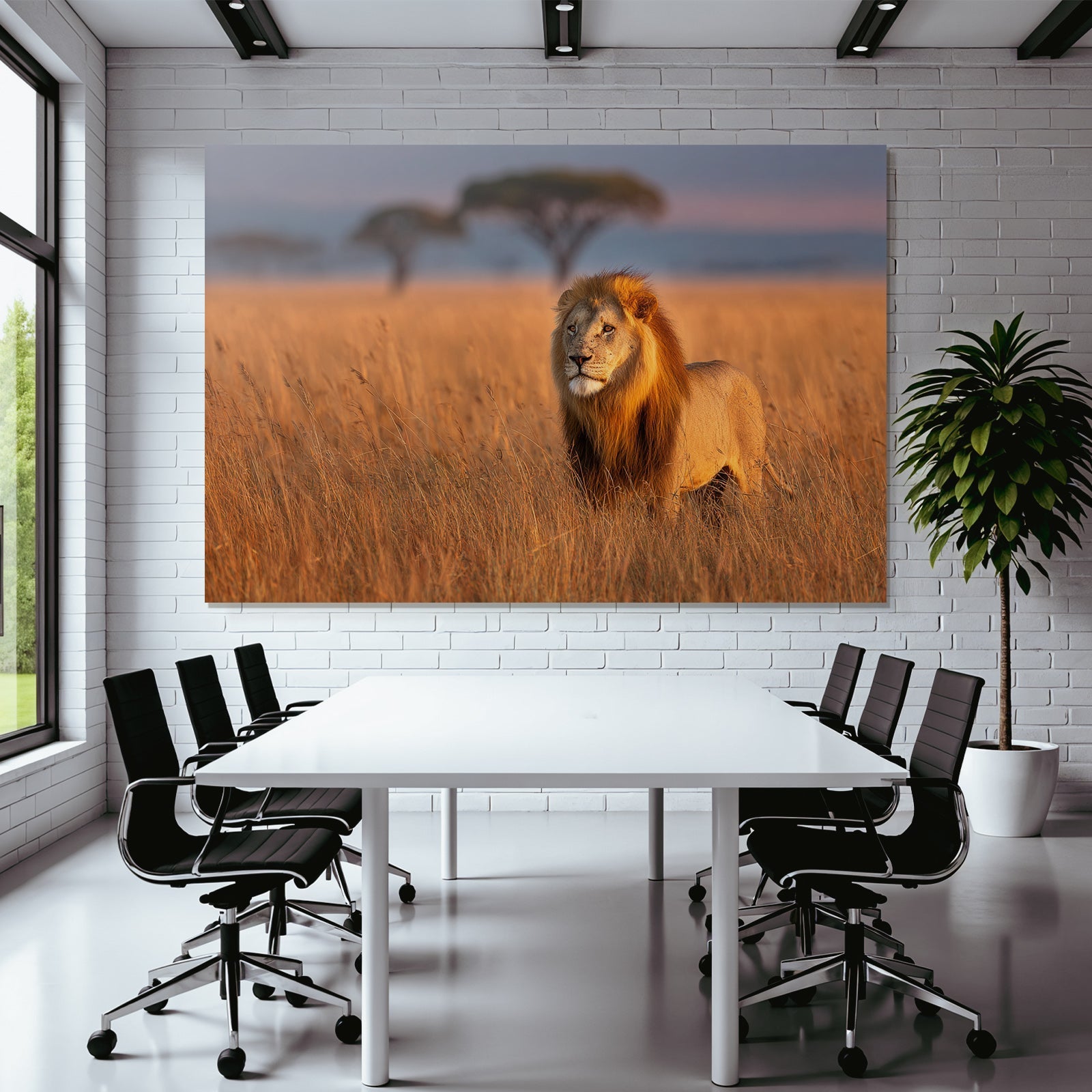 Löwe Im Savannenlandscape In Goldenen Gras Zum Sonnenaufgang Oder Sonnenuntergang