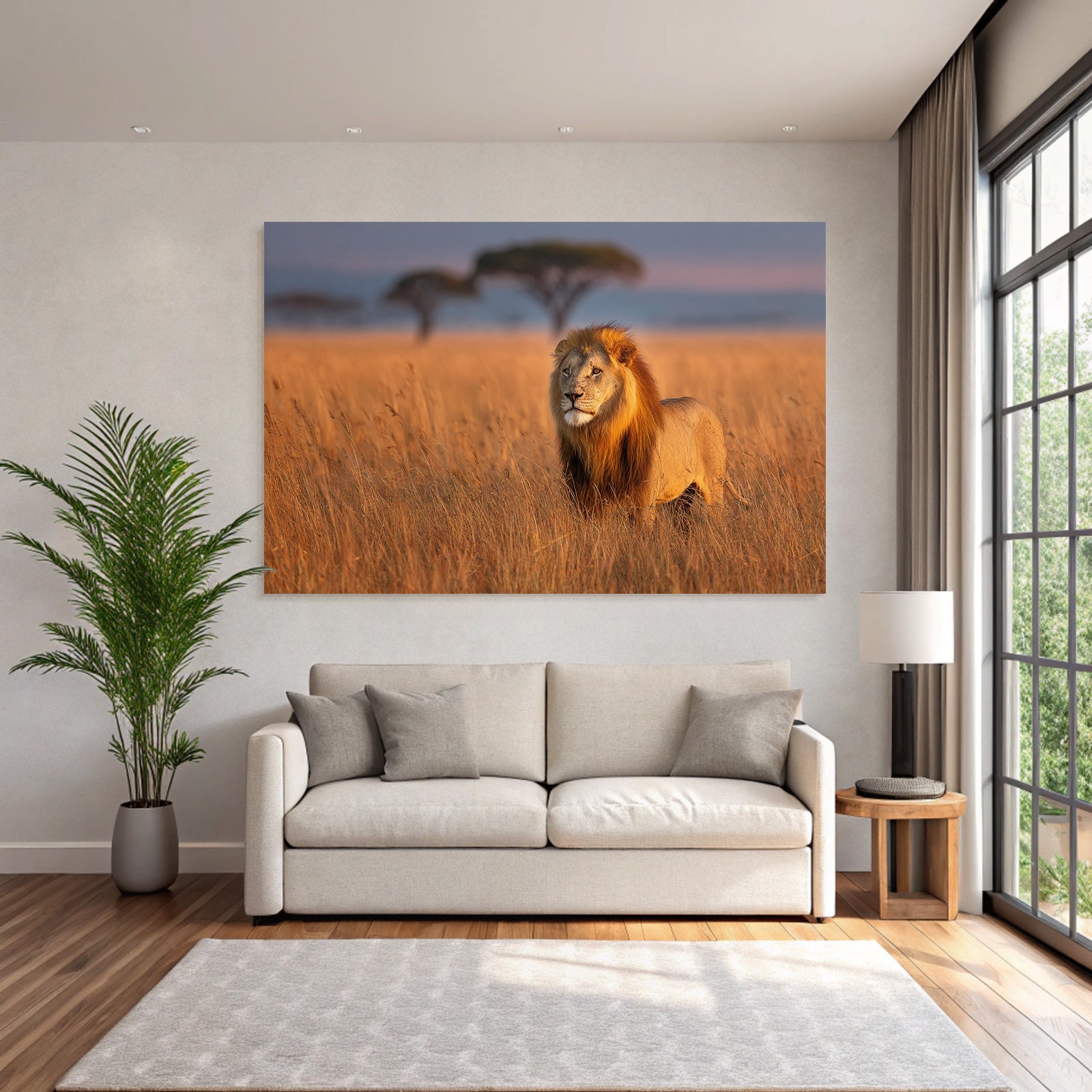Löwe Im Savannenlandscape In Goldenen Gras Zum Sonnenaufgang Oder Sonnenuntergang