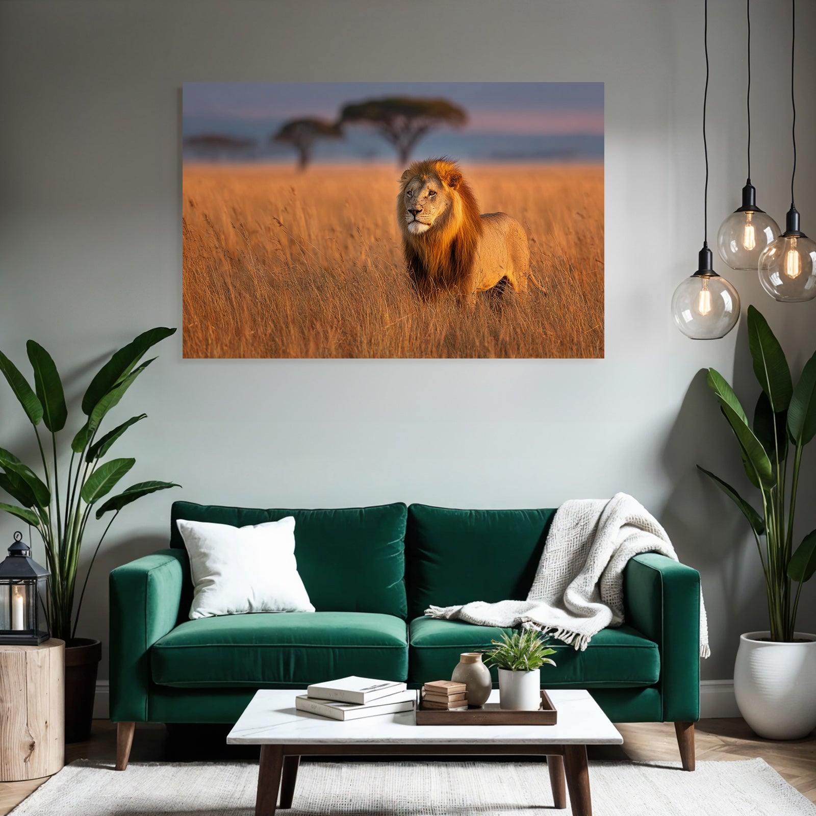 Löwe Im Savannenlandscape In Goldenen Gras Zum Sonnenaufgang Oder Sonnenuntergang
