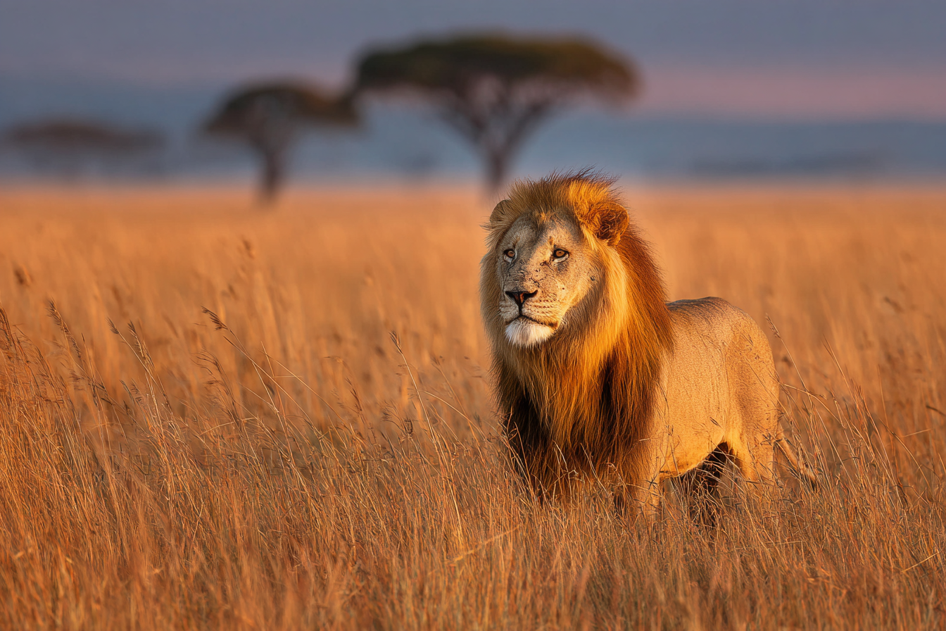 Löwe Im Savannenlandscape In Goldenen Gras Zum Sonnenaufgang Oder Sonnenuntergang | Safari und Wildtiere | Tiere