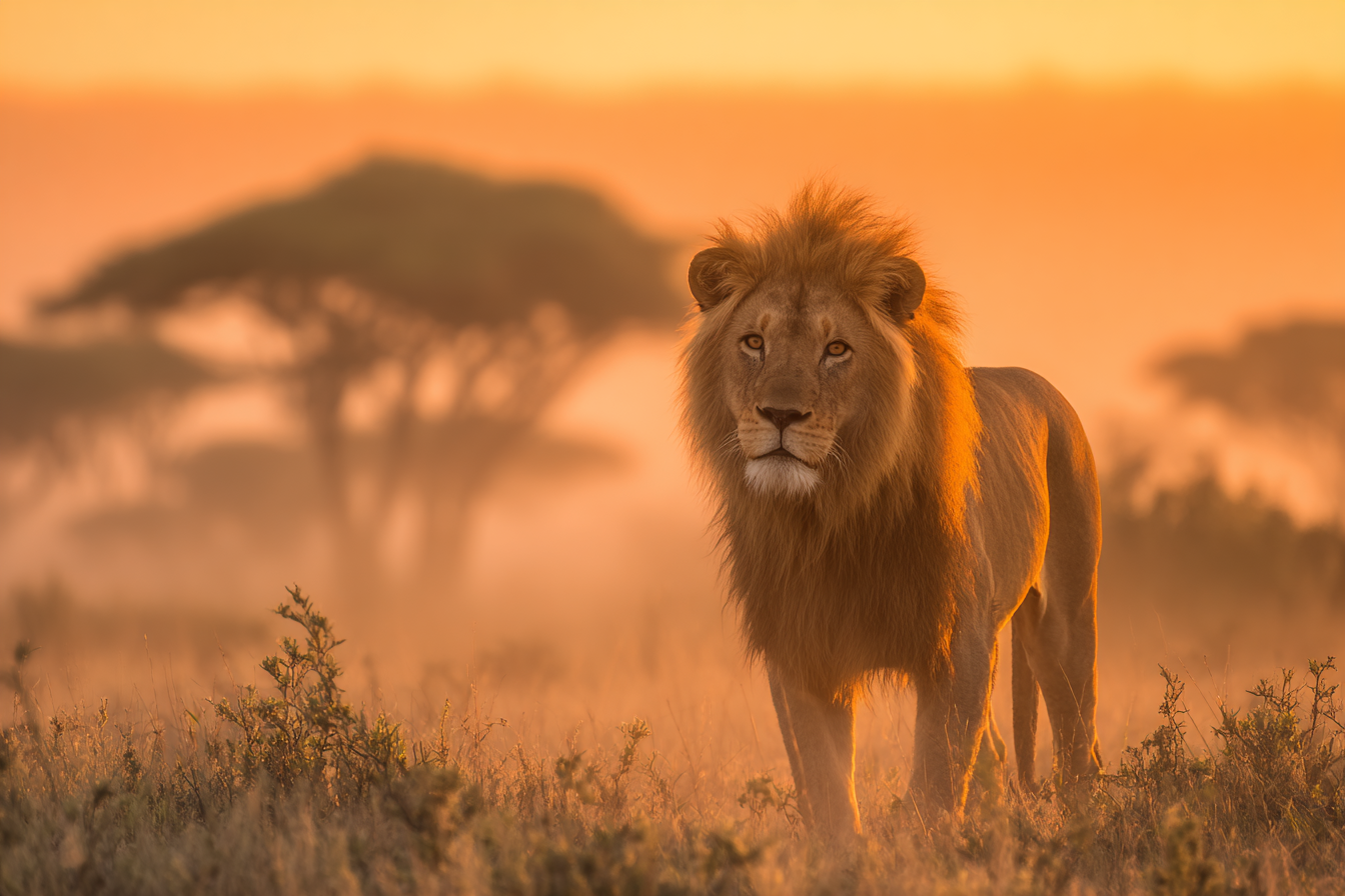 Löwe Im Sonnenaufgang Oder Sonnenuntergang Im Savanne | Safari und Wildtiere | Tiere
